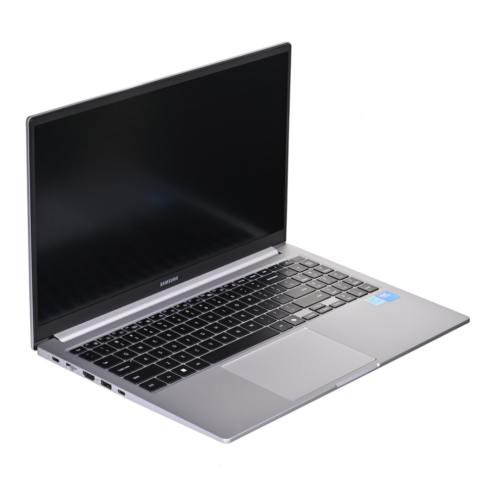 Srebrny laptop Samsung z czarnym ekranem i klawiaturą.