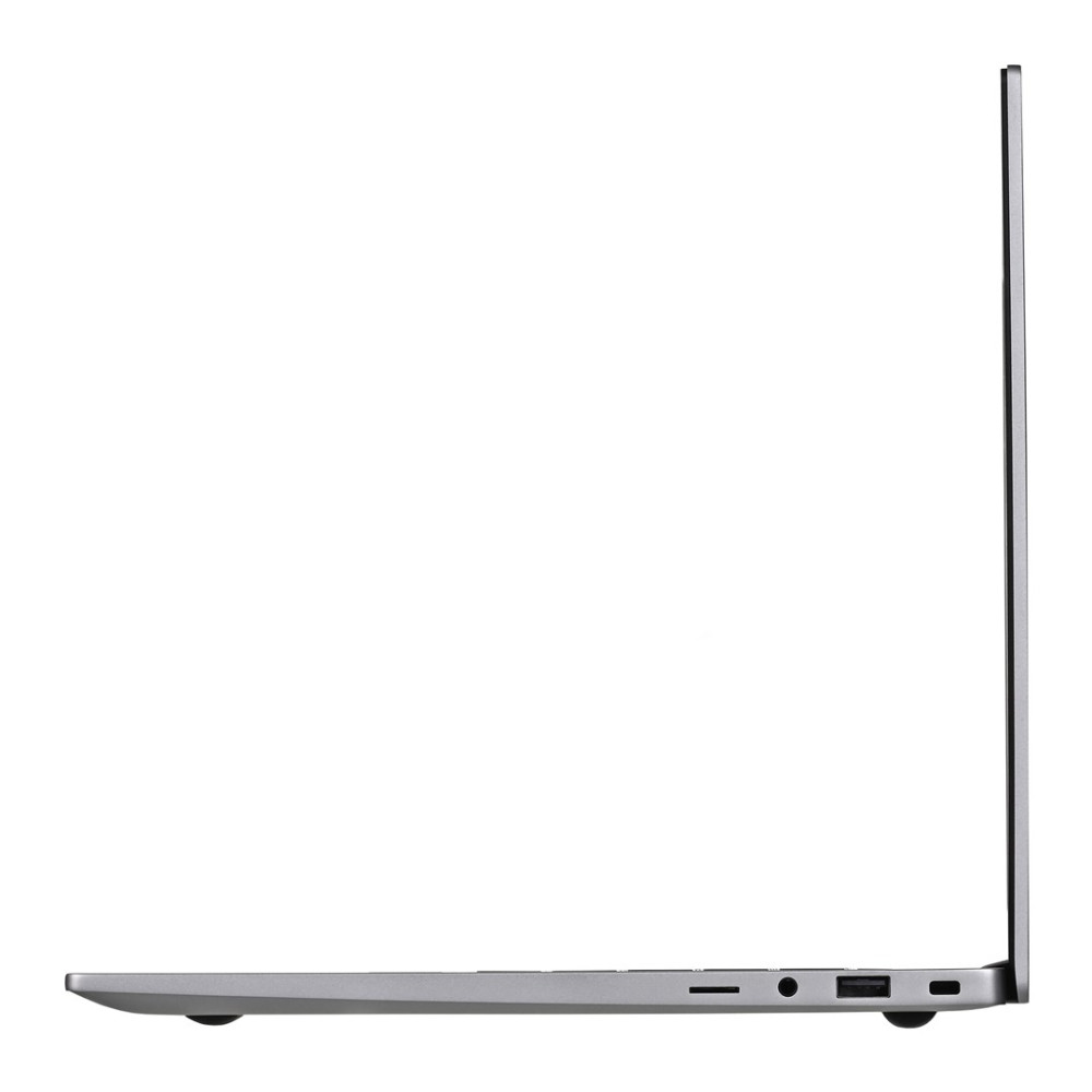 Szary laptop w profilu bocznym z portami po prawej stronie.