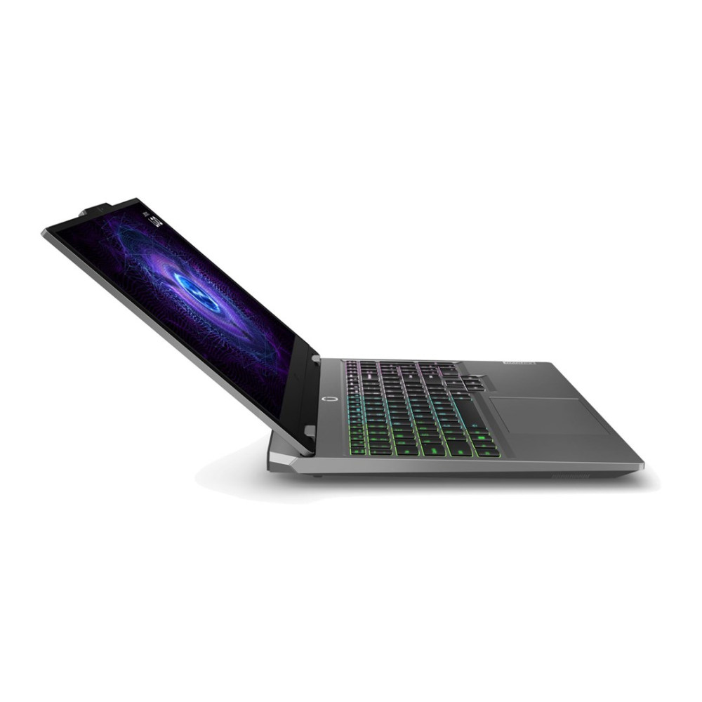 Szary laptop z podświetlaną klawiaturą i kosmiczną tapetą na ekranie.