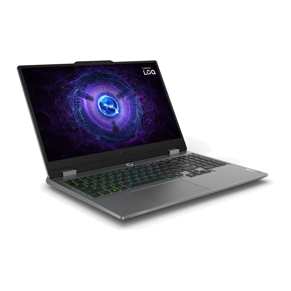 Szary laptop z podświetlaną klawiaturą i abstrakcyjnym tłem ekranu.