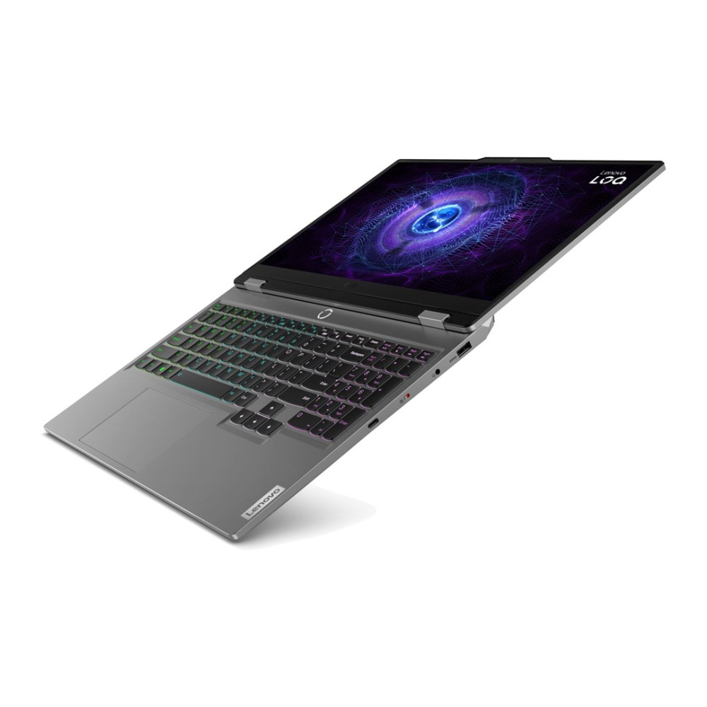 Szary laptop Lenovo z kolorową klawiaturą i kosmiczną tapetą.