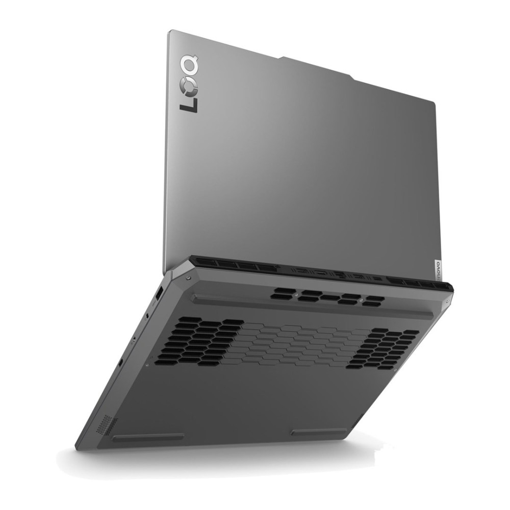 Szary laptop z otworami wentylacyjnymi i logo LOQ na pokrywie.