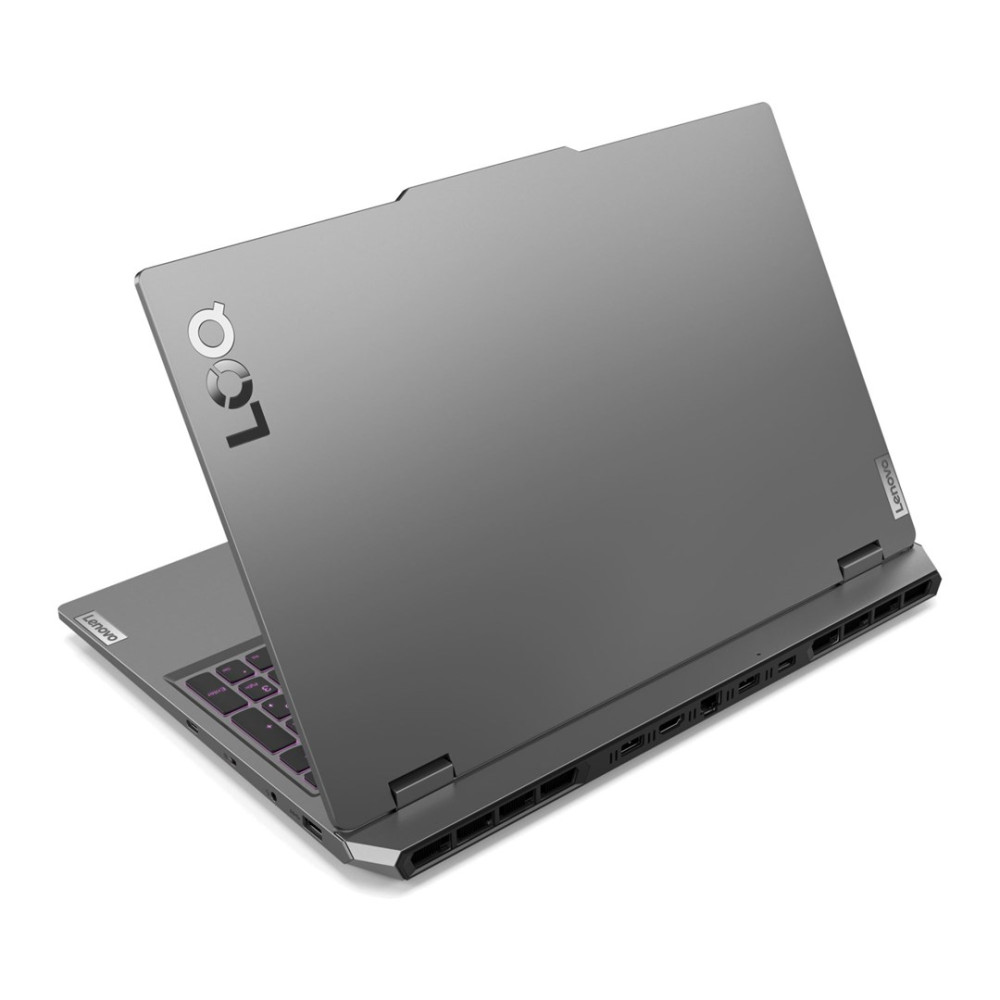 Zamknięty szary laptop Lenovo z logo "LOQ" i podświetlaną klawiaturą.