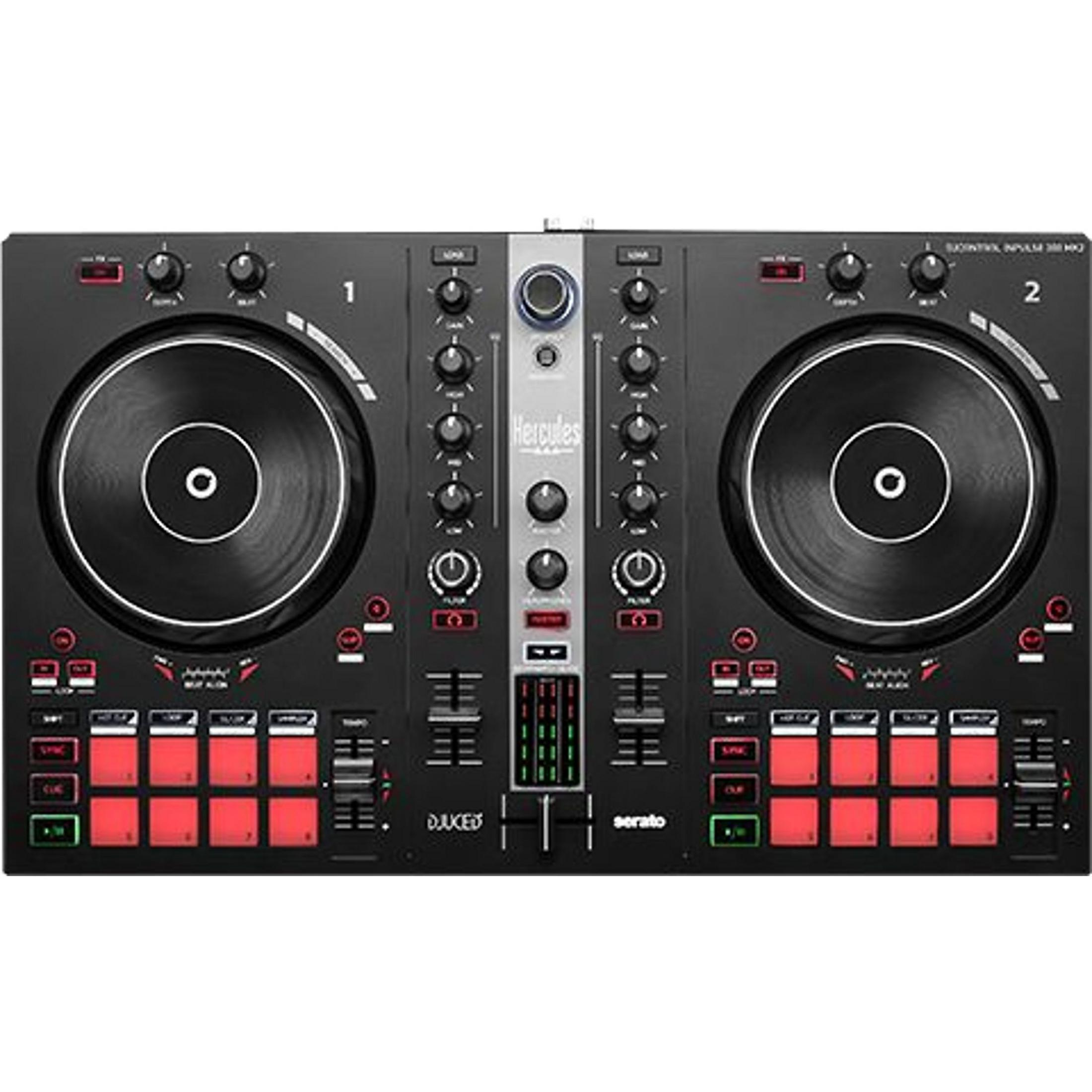 Zwarte DJ-controller met twee draaitafels, knoppen, schuifregelaars en rode pads.