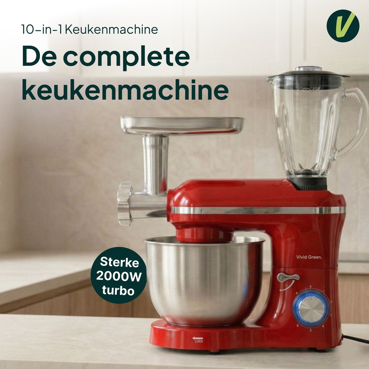 A red kitchen machine multi-tool with blender attachment and meat grinder.