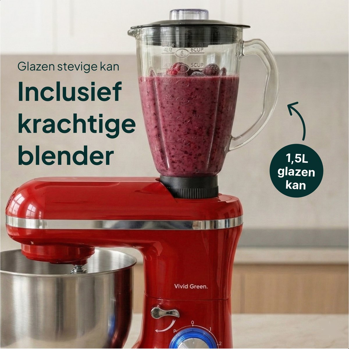A red kitchen mixer with a glass blender jug filled with berry smoothie.