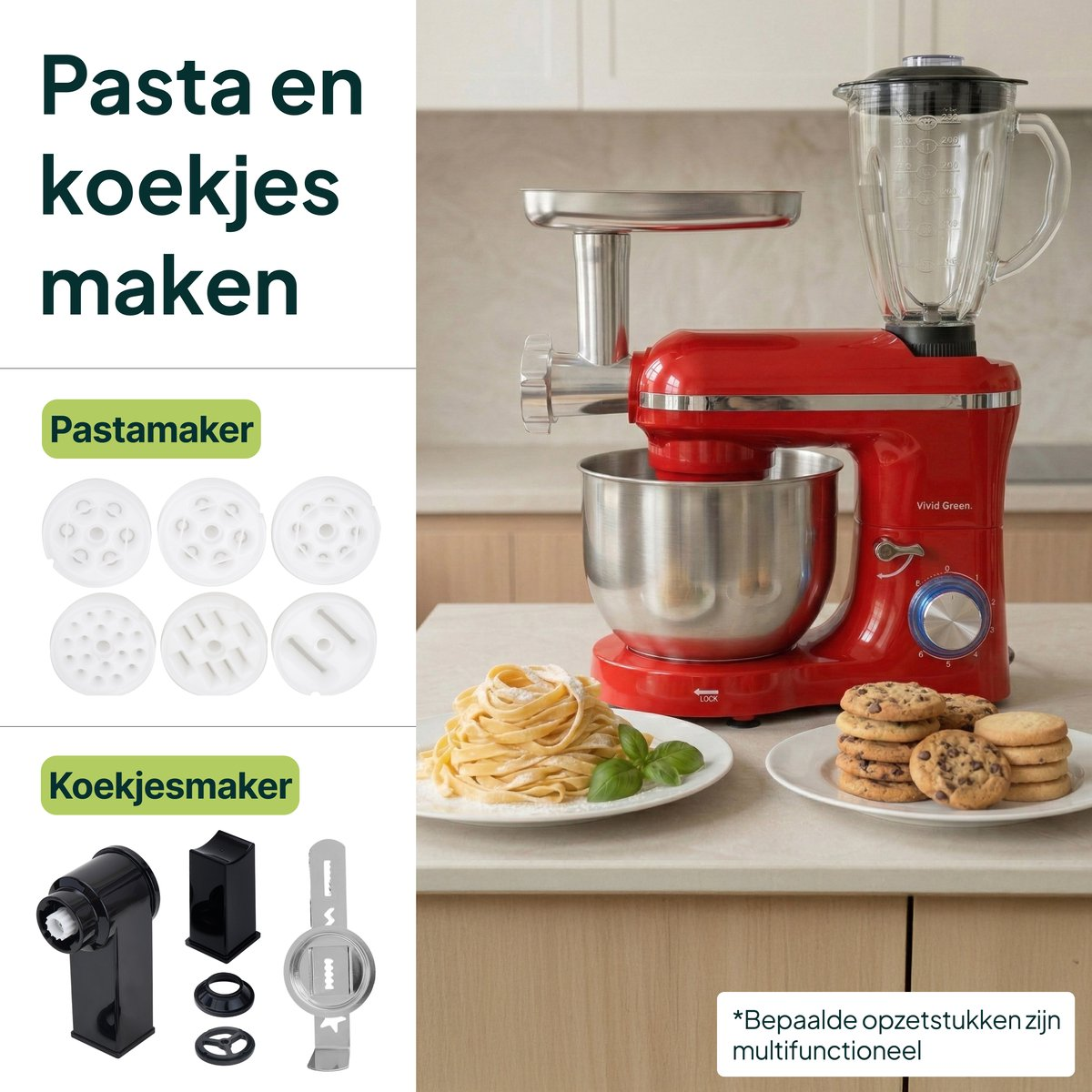 Red kitchen mixer with pasta and cookie attachments, next to pasta and cookies.