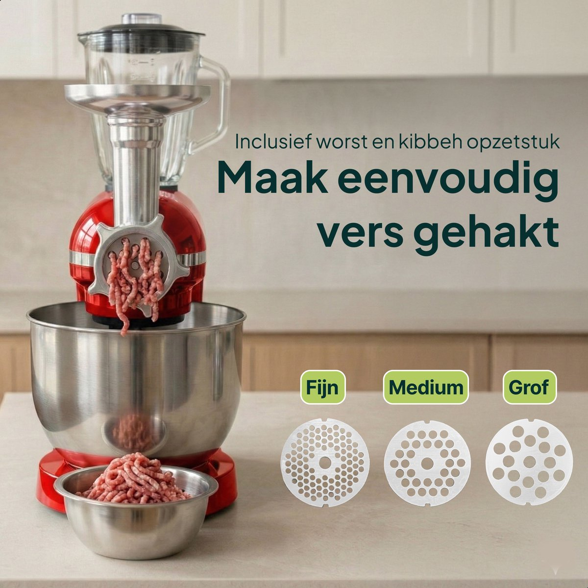 A red meat grinder attachment on a stand mixer grinds ground meat. Three plates with fine, medium, and coarse holes are beside it.