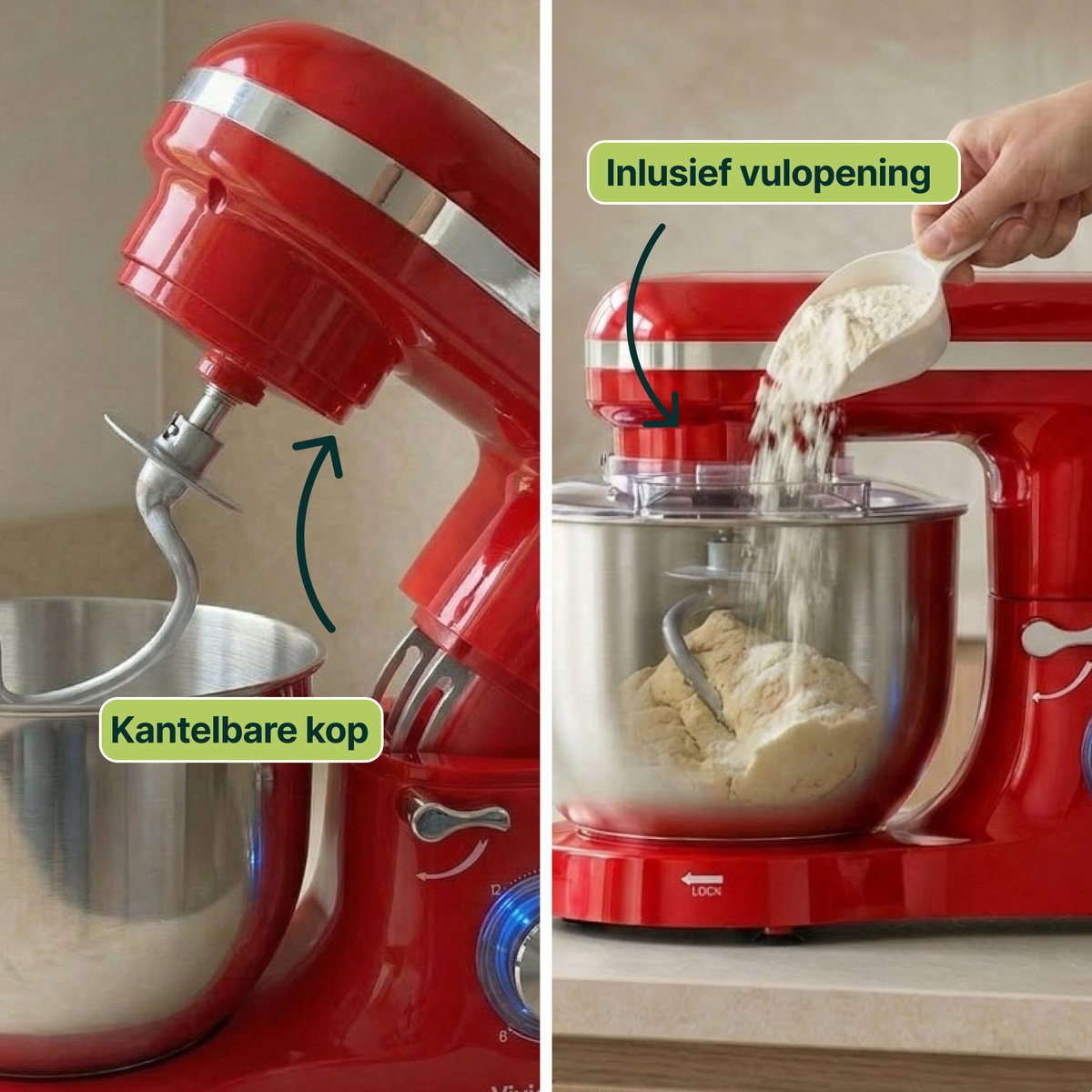 Red stand mixer with dough hook and bowl, flour being added.