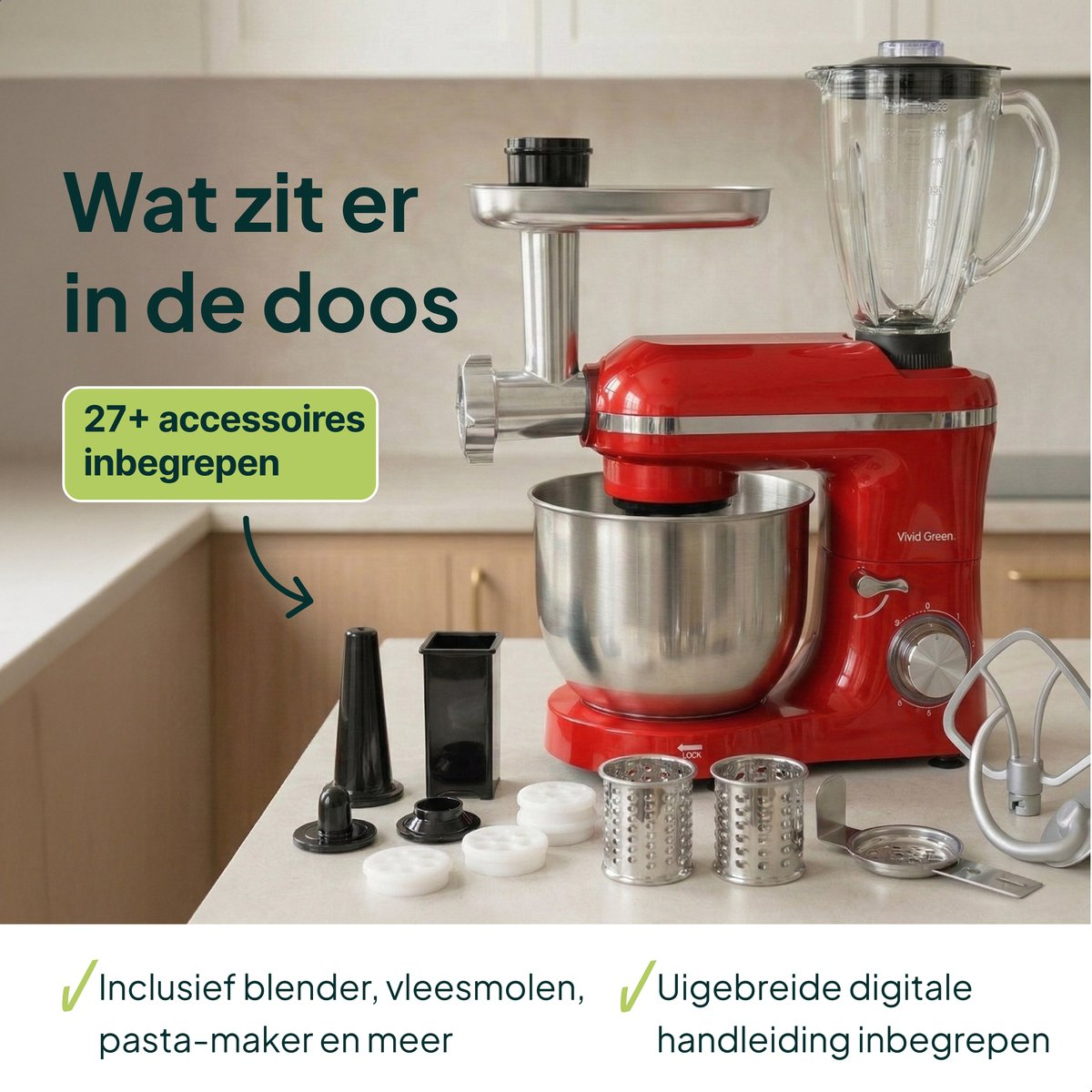 Red kitchen mixer with accessories: blender, meat grinder, pasta maker.