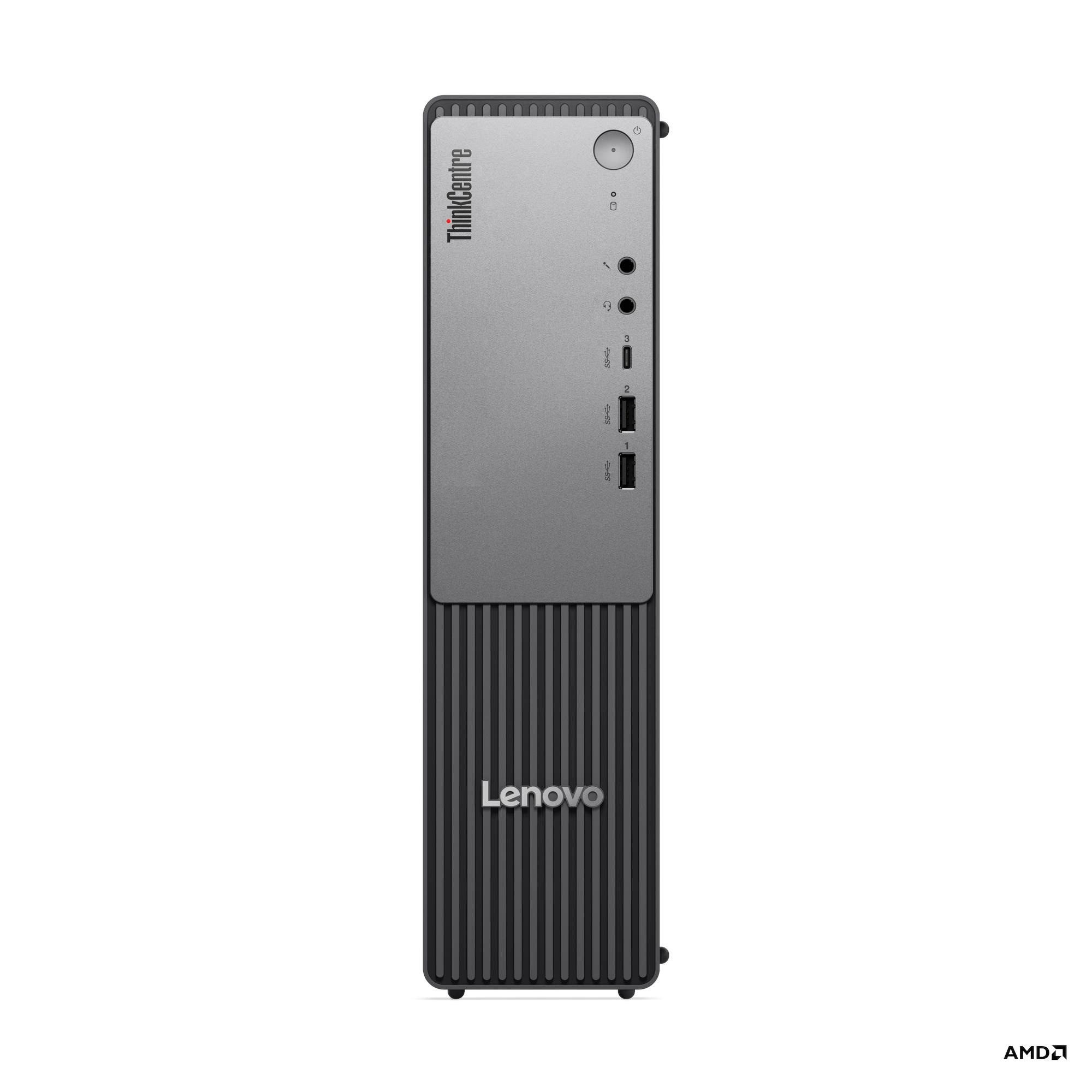 Vista frontale PC desktop Lenovo ThinkCentre con porte USB e pulsante di accensione.