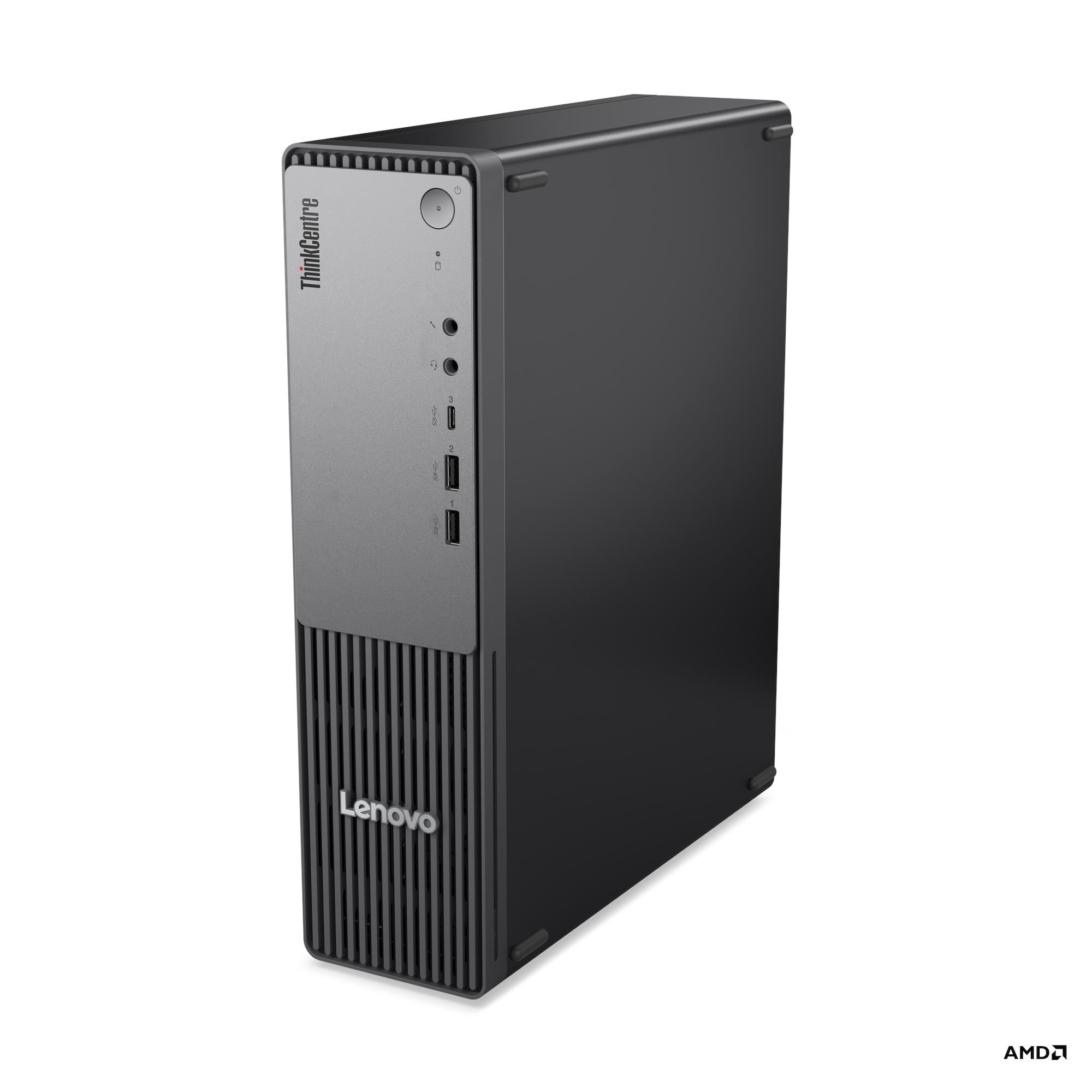 Un PC desktop Lenovo ThinkCentre con logo AMD su sfondo bianco.