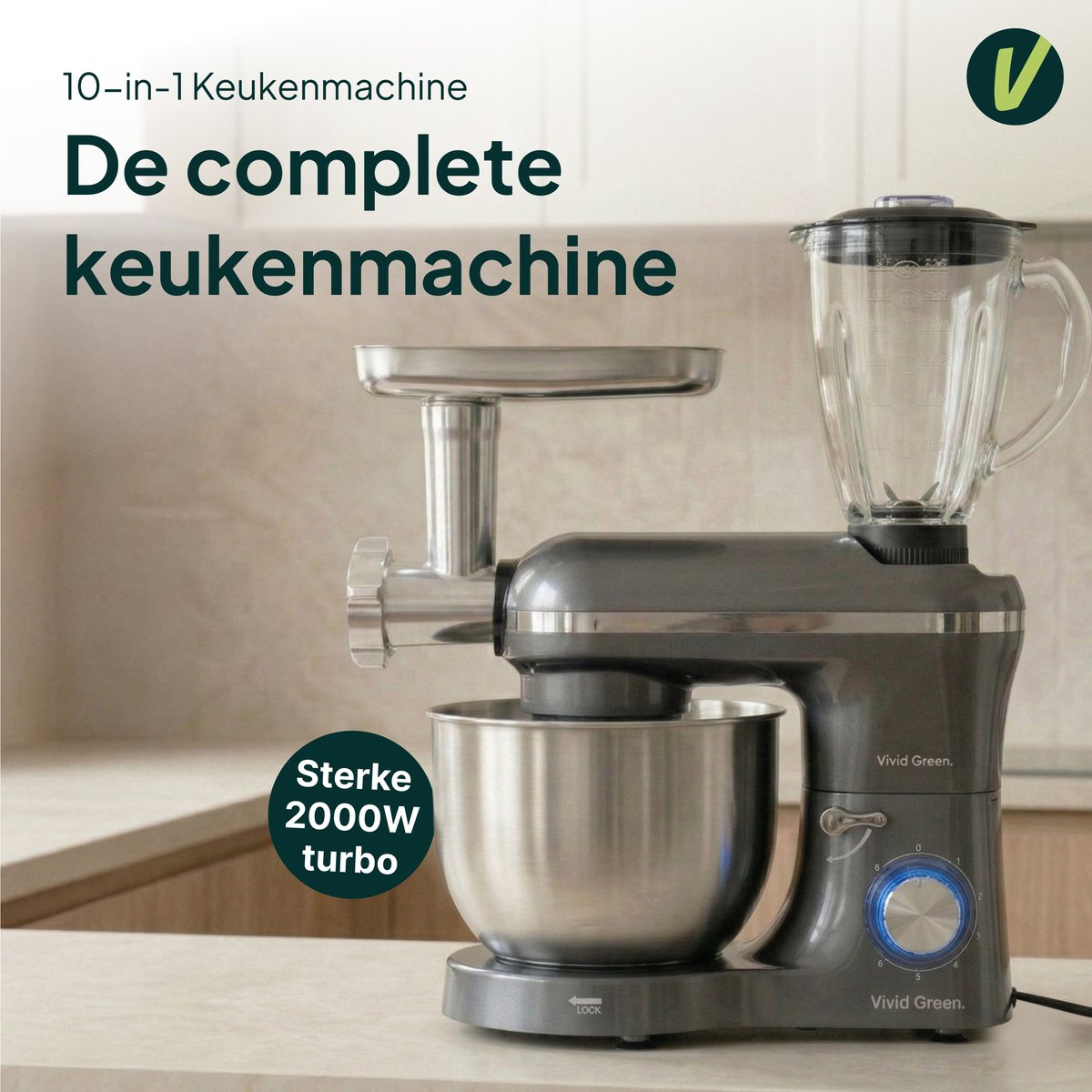 Gray 10-in-1 kitchen machine stand mixer with bowl, meat grinder, and blender attachment.