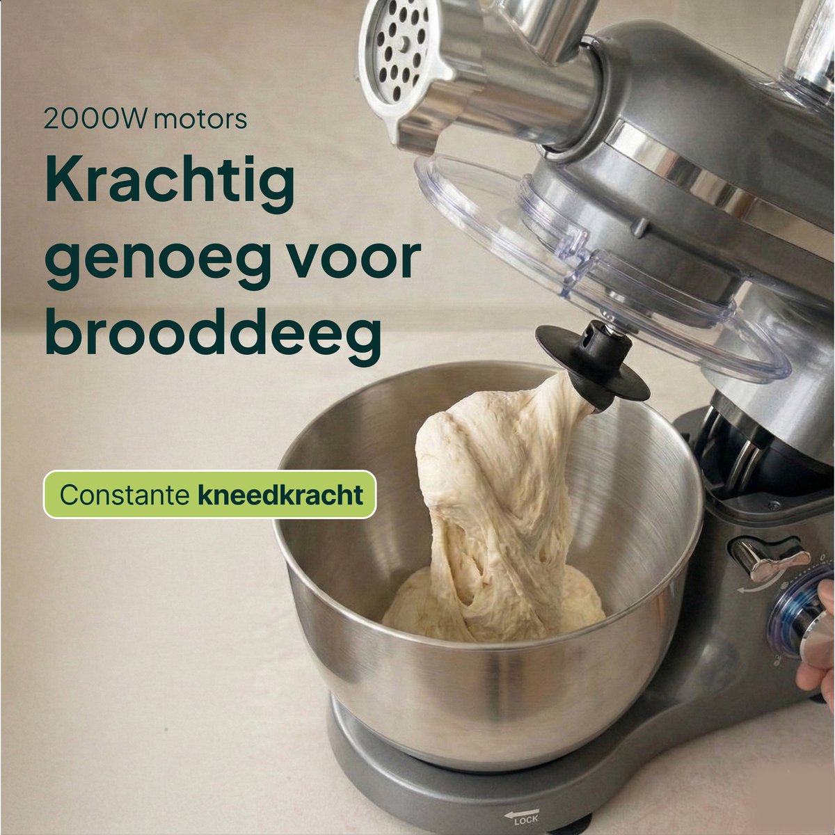 Gray stand mixer kneading dough in stainless steel bowl, 2000W motor.