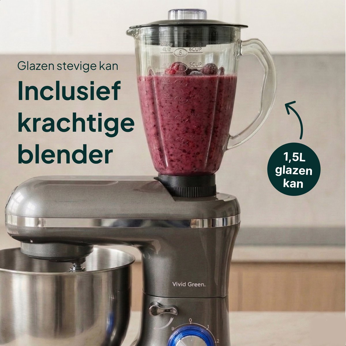 Gray stand mixer with glass blender attachment filled with berry smoothie.