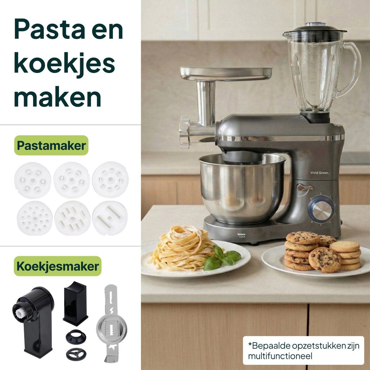 Kitchen machine with pasta and cookie attachments, pasta and cookies.