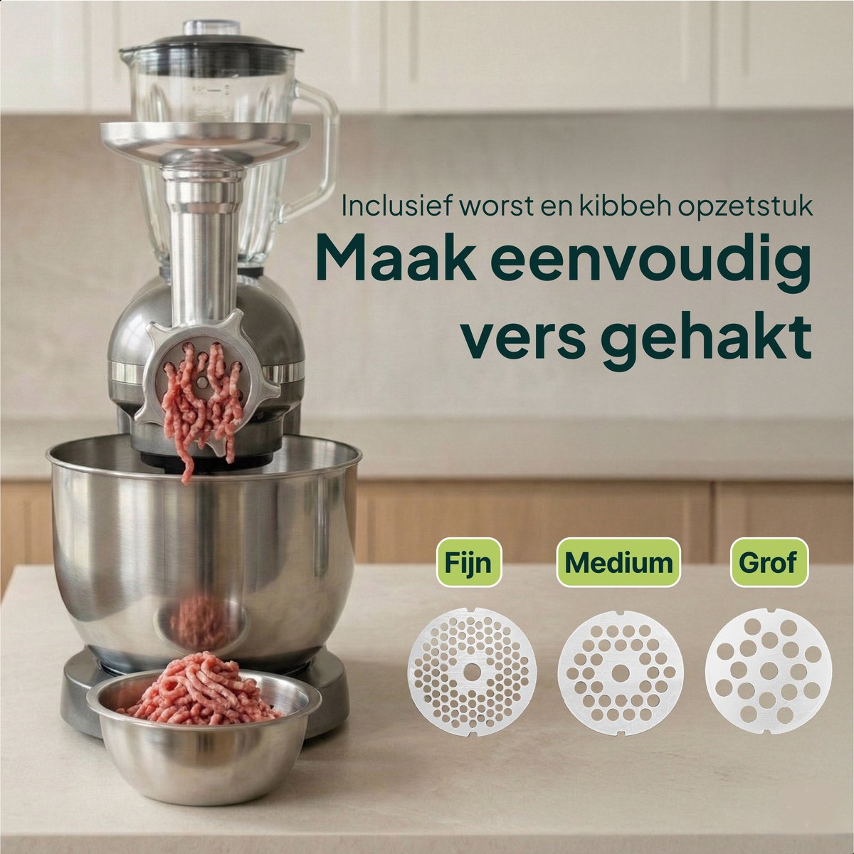 Stand mixer with meat grinder attachment dispensing ground meat. Three grinding plates beside it.