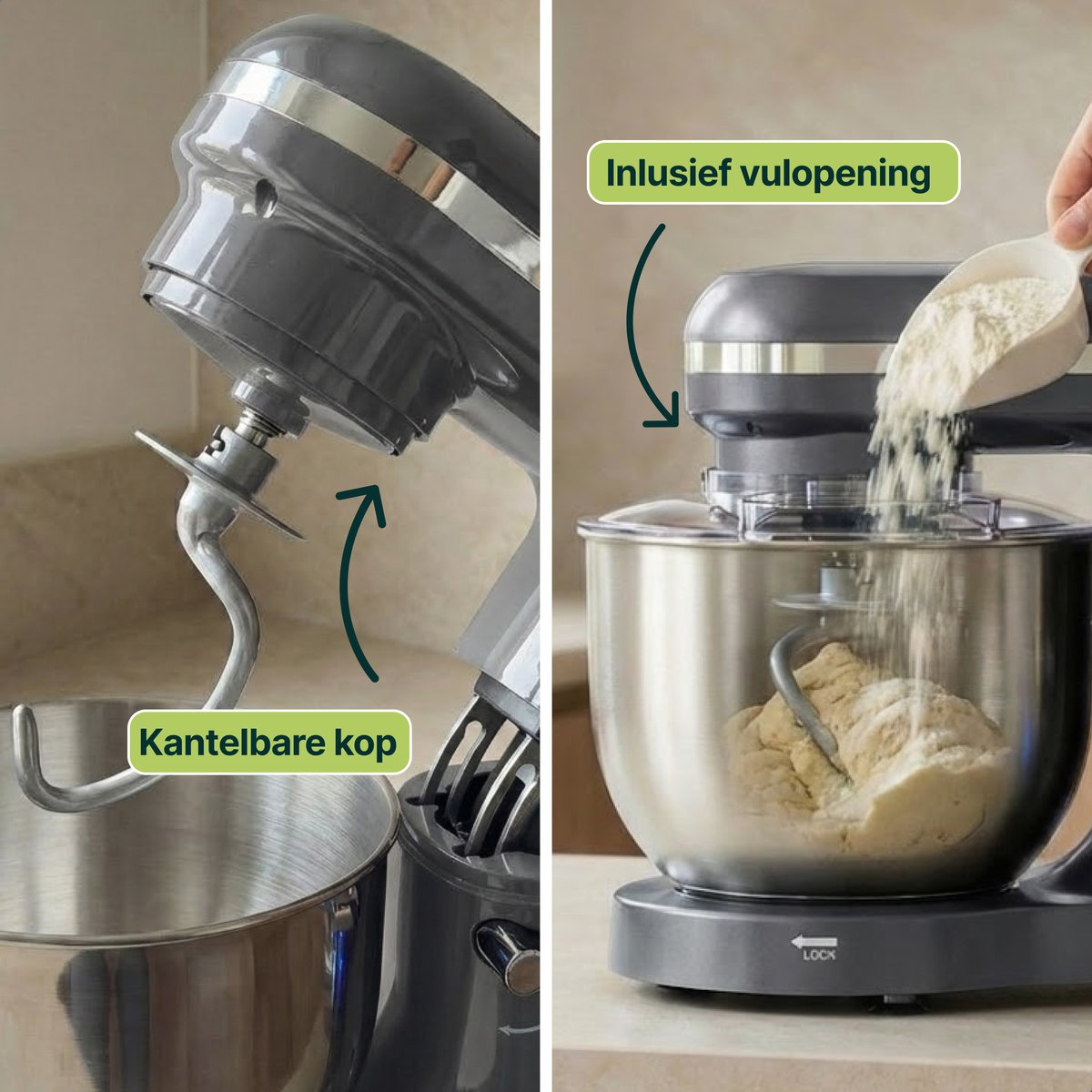 Gray stand mixer with dough hook and bowl. Flour is being added.