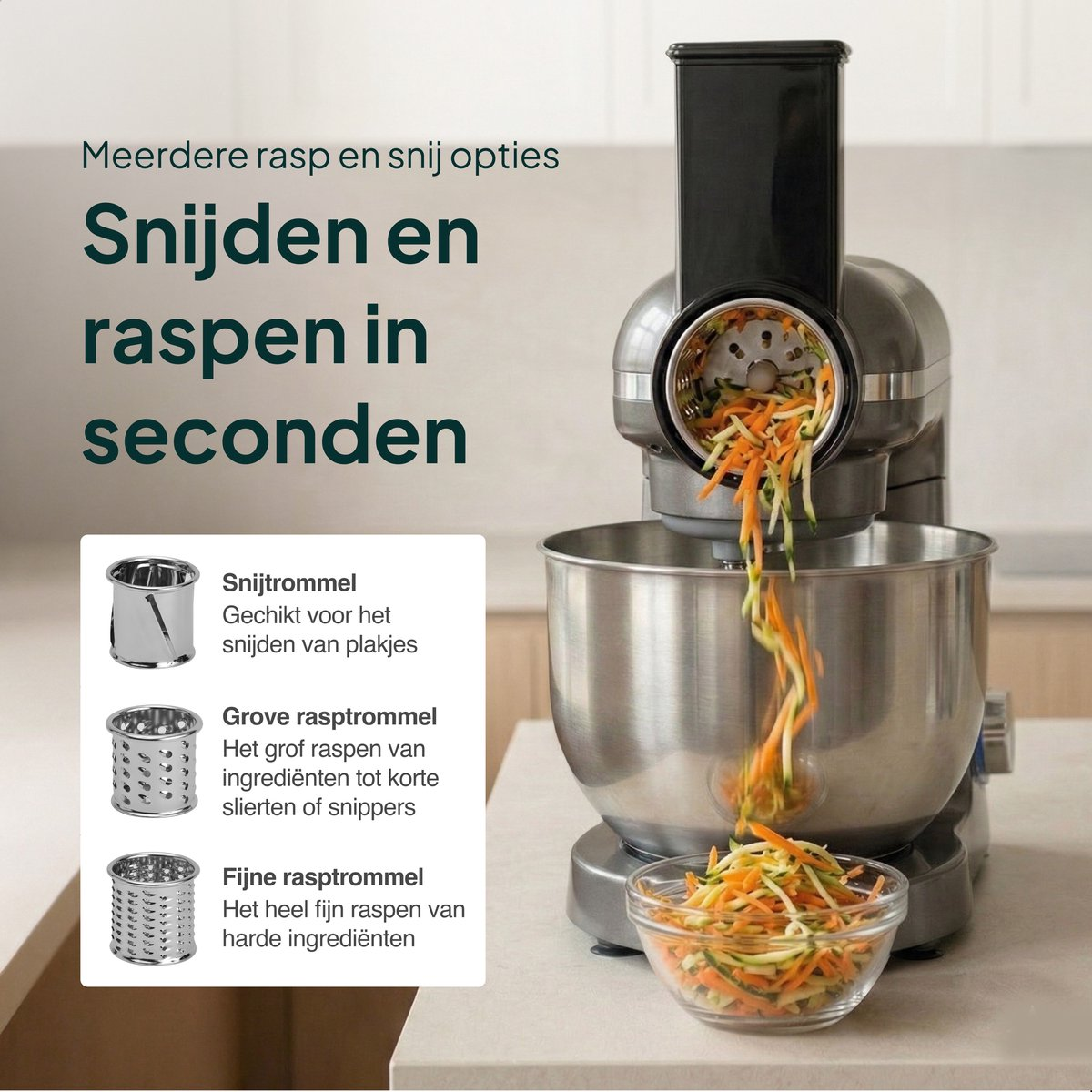 Food processor attachments shredding and slicing vegetables into a bowl.
