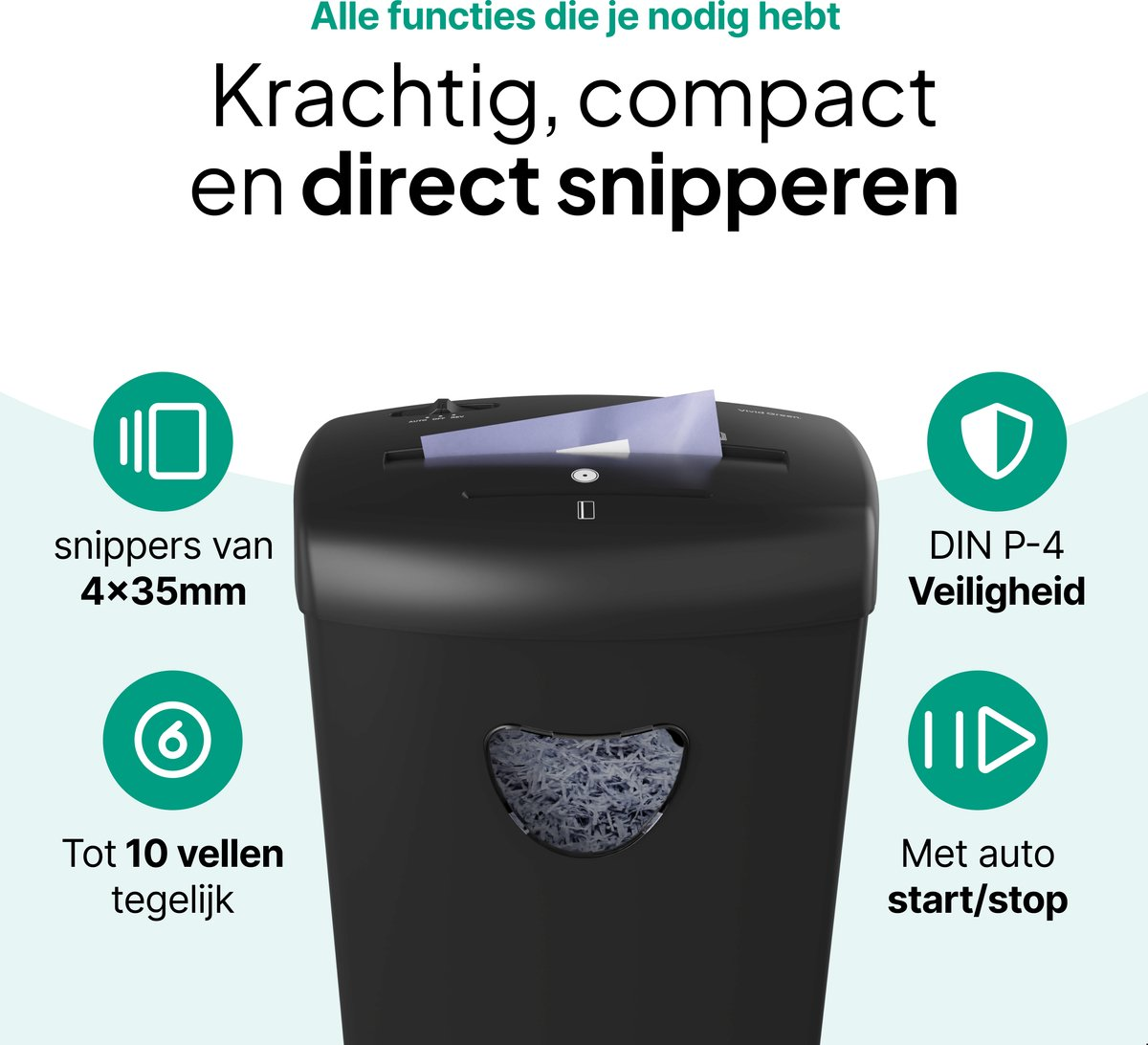 A black paper shredder with icons indicating cut size, capacity, and security level.