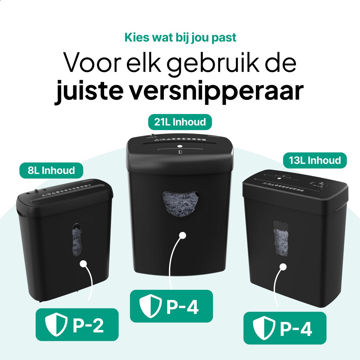 Three black paper shredders: 8L (P-2), 21L (P-4), and 13L (P-4) capacity.