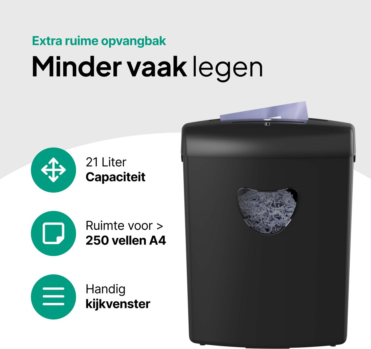 A black paper shredder with a large bin, 21L capacity, and a viewing window.