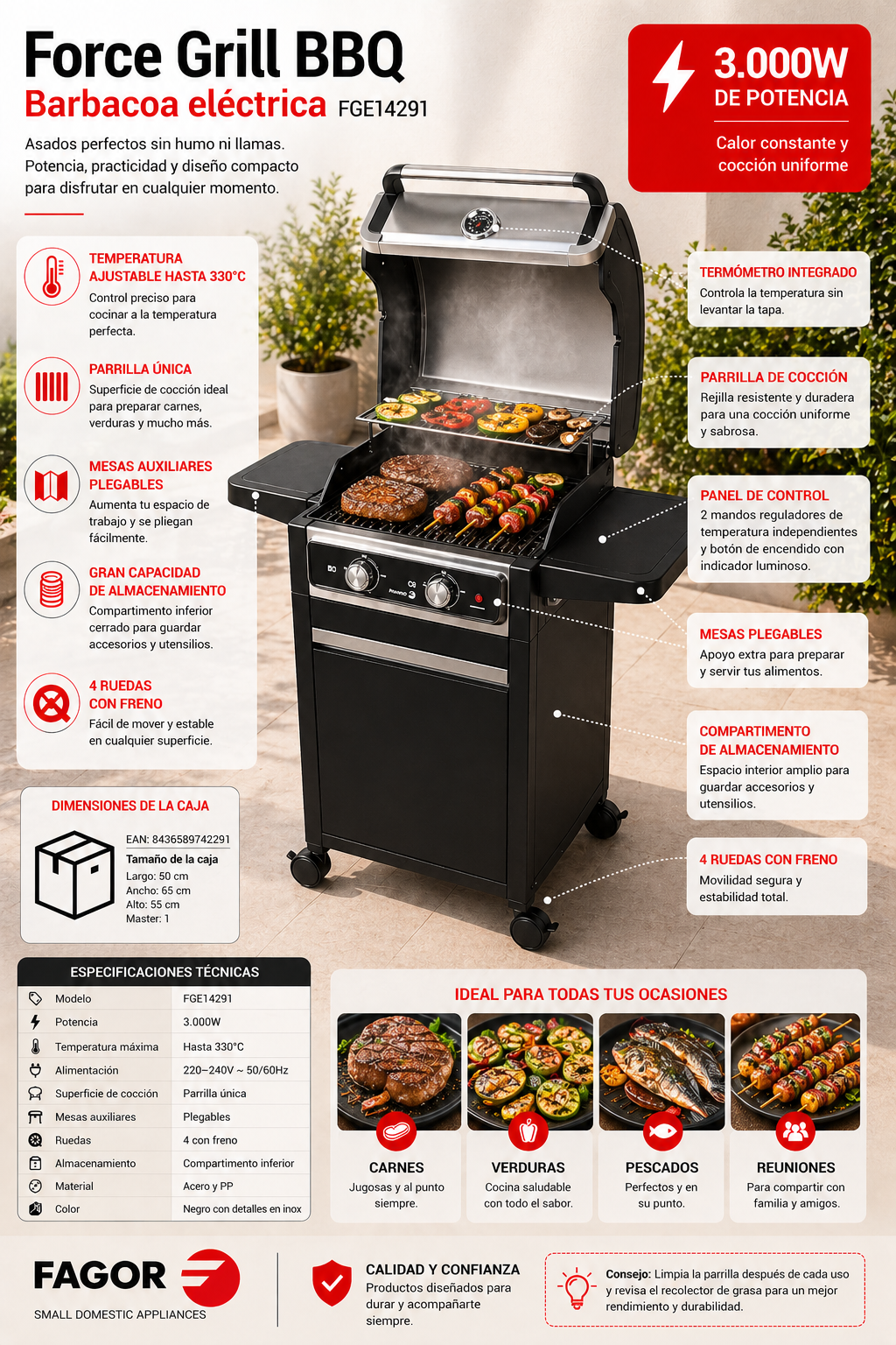 Una parrilla negra Fagor Force BBQ con carne y verduras en las rejillas. Potencia 3000W.