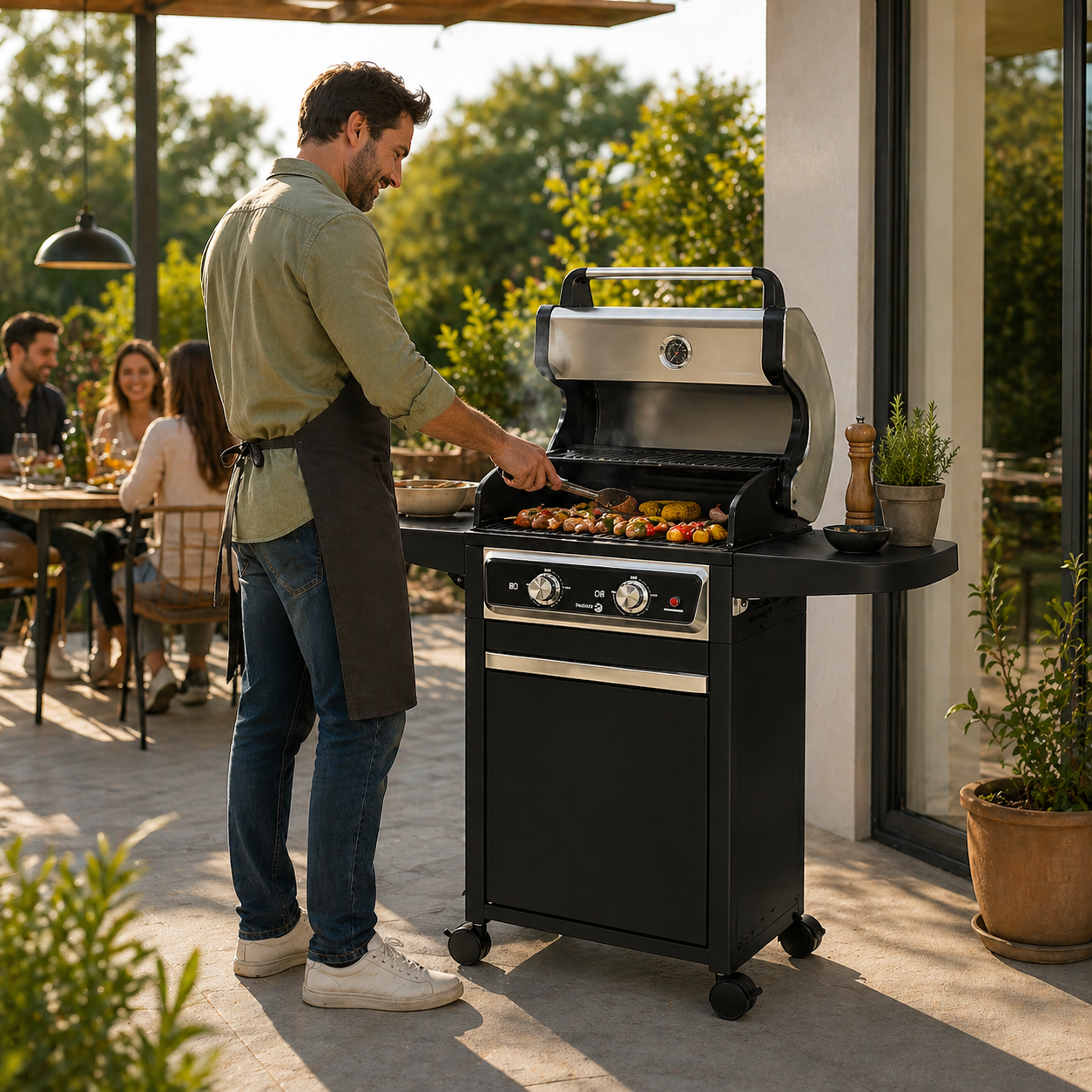 Un hombre asa brochetas en una parrilla de gas negra al aire libre mientras los amigos se sientan en una mesa.