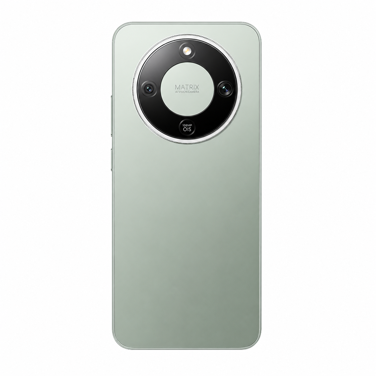 Retro di uno smartphone verde menta con sistema a tripla fotocamera Matrix.