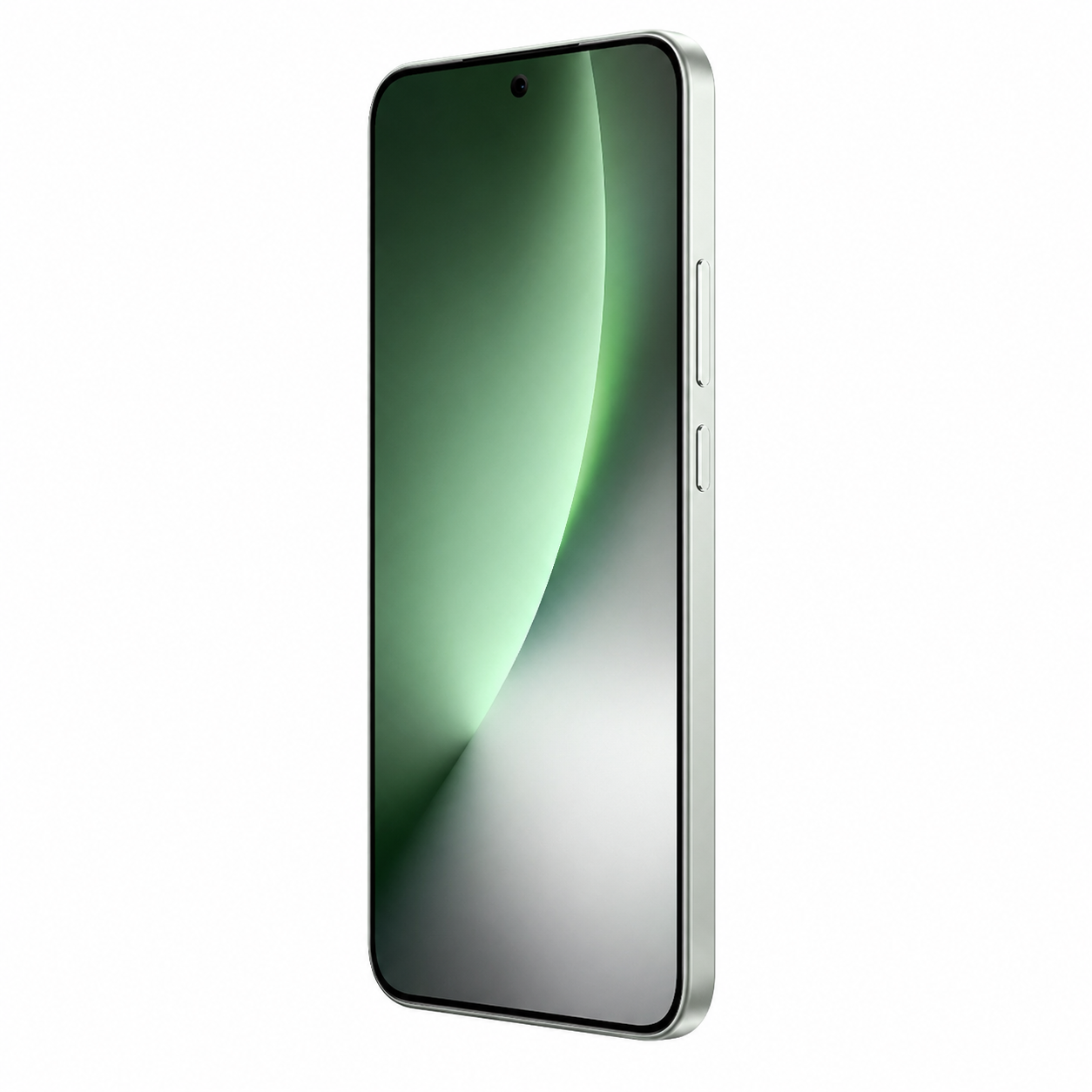 Uno smartphone verde chiaro con cornice argentata e schermo sfumato.