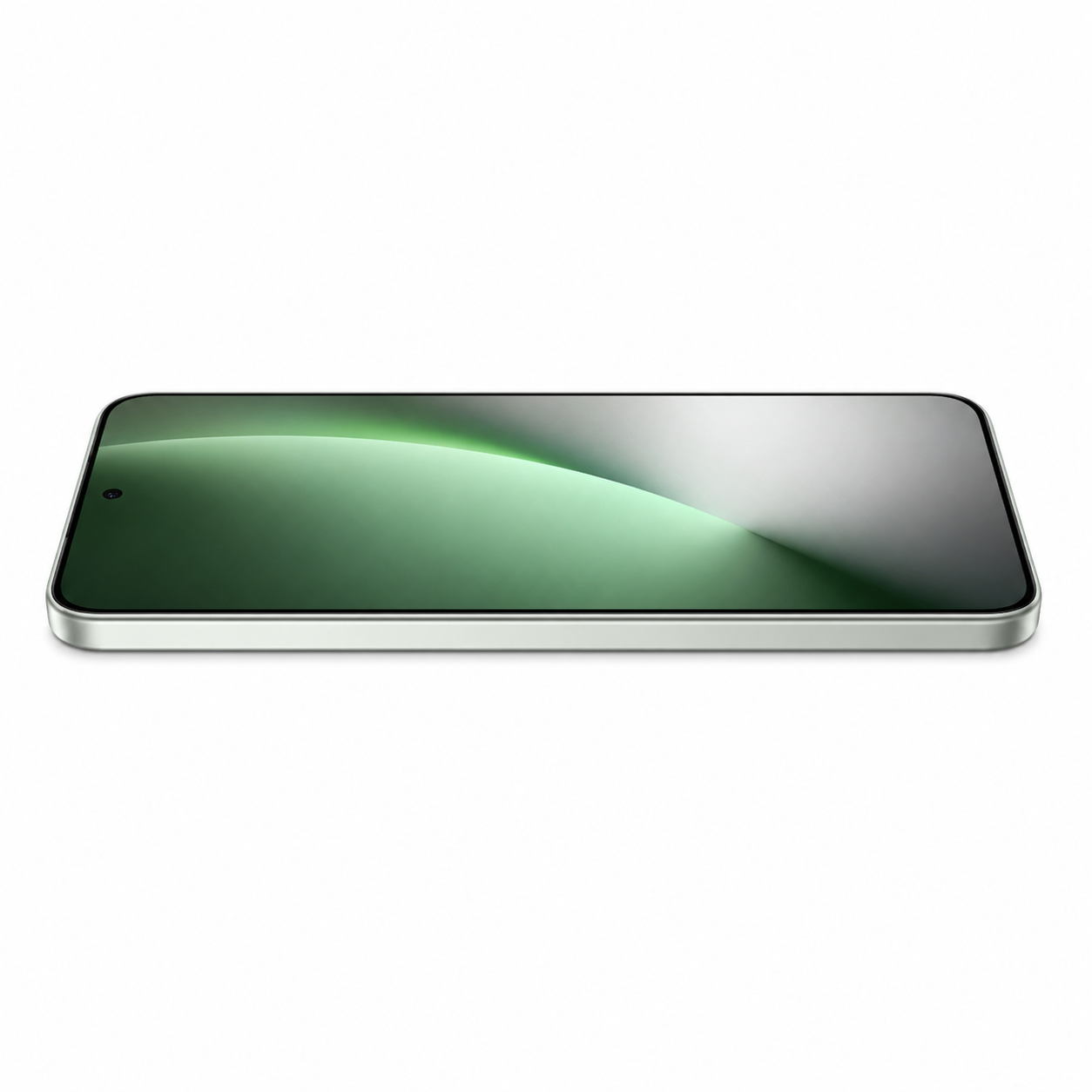 Uno smartphone sottile, verde chiaro, giace su uno sfondo bianco.