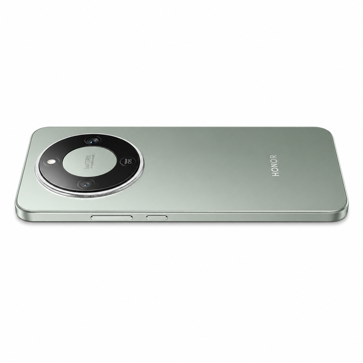 Uno smartphone verde chiaro giace su una superficie bianca, il retro mostra un'unità fotocamera rotonda.