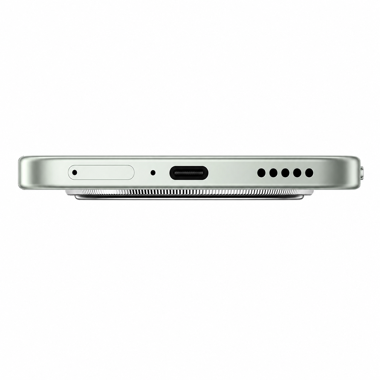 Vista inferiore di uno smartphone verde chiaro con porta USB-C e fori dell'altoparlante.