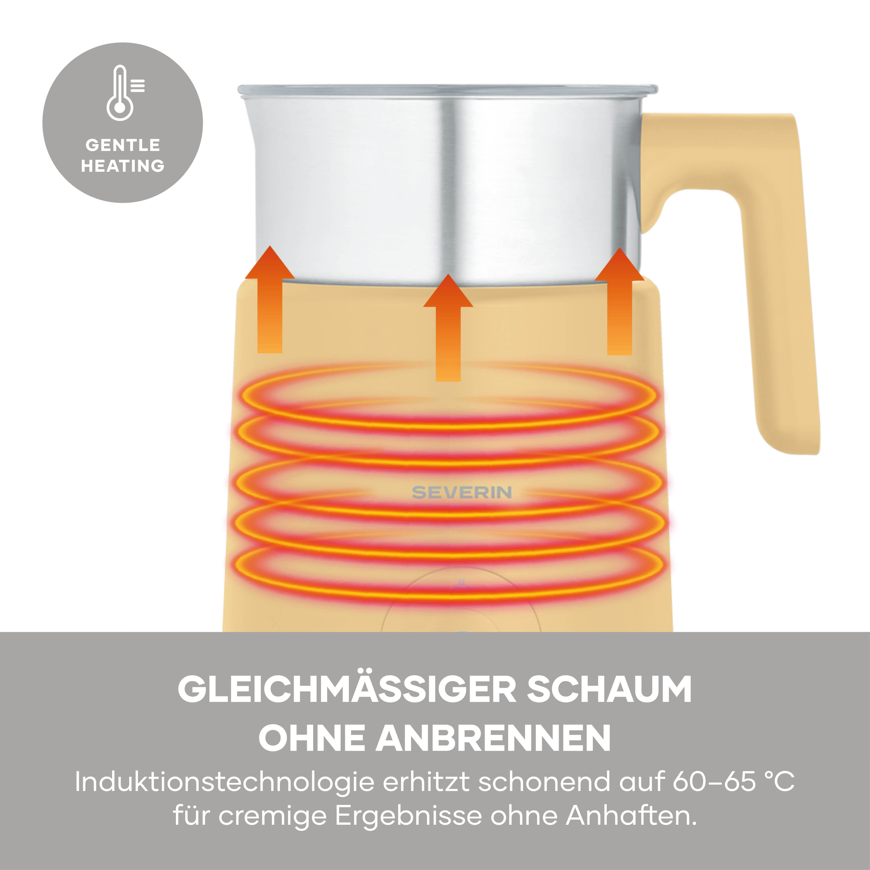 Ein cremefarbener Milchaufschäumer mit Induktionsheizung und Temperaturregelung.