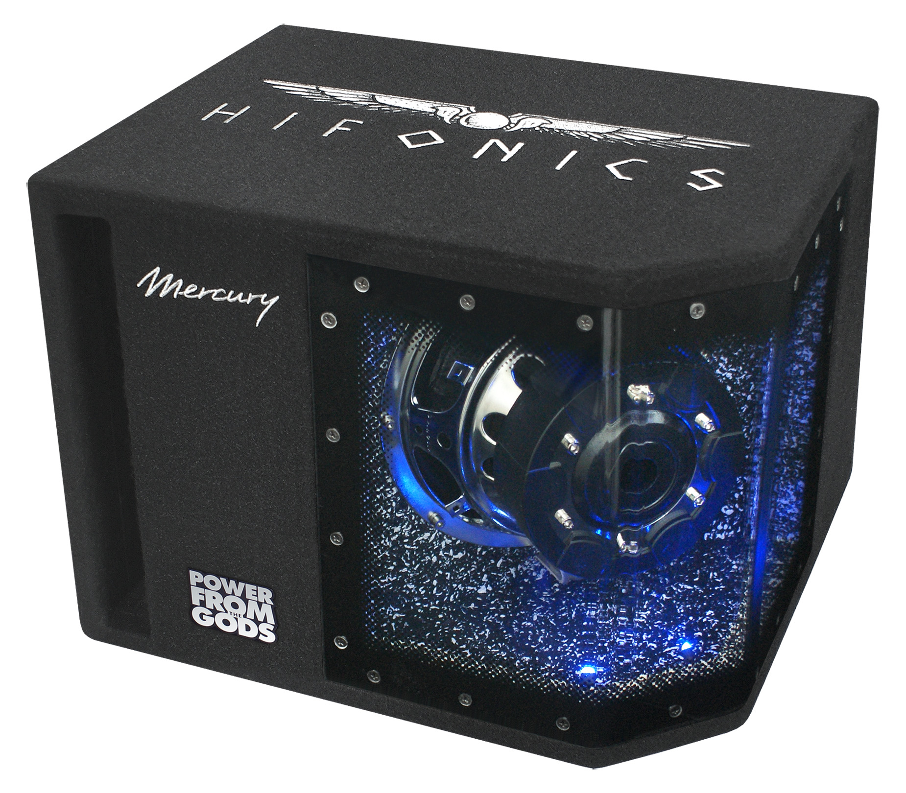 Schwarzer Subwoofer mit blau beleuchtetem Inneren und Logos.