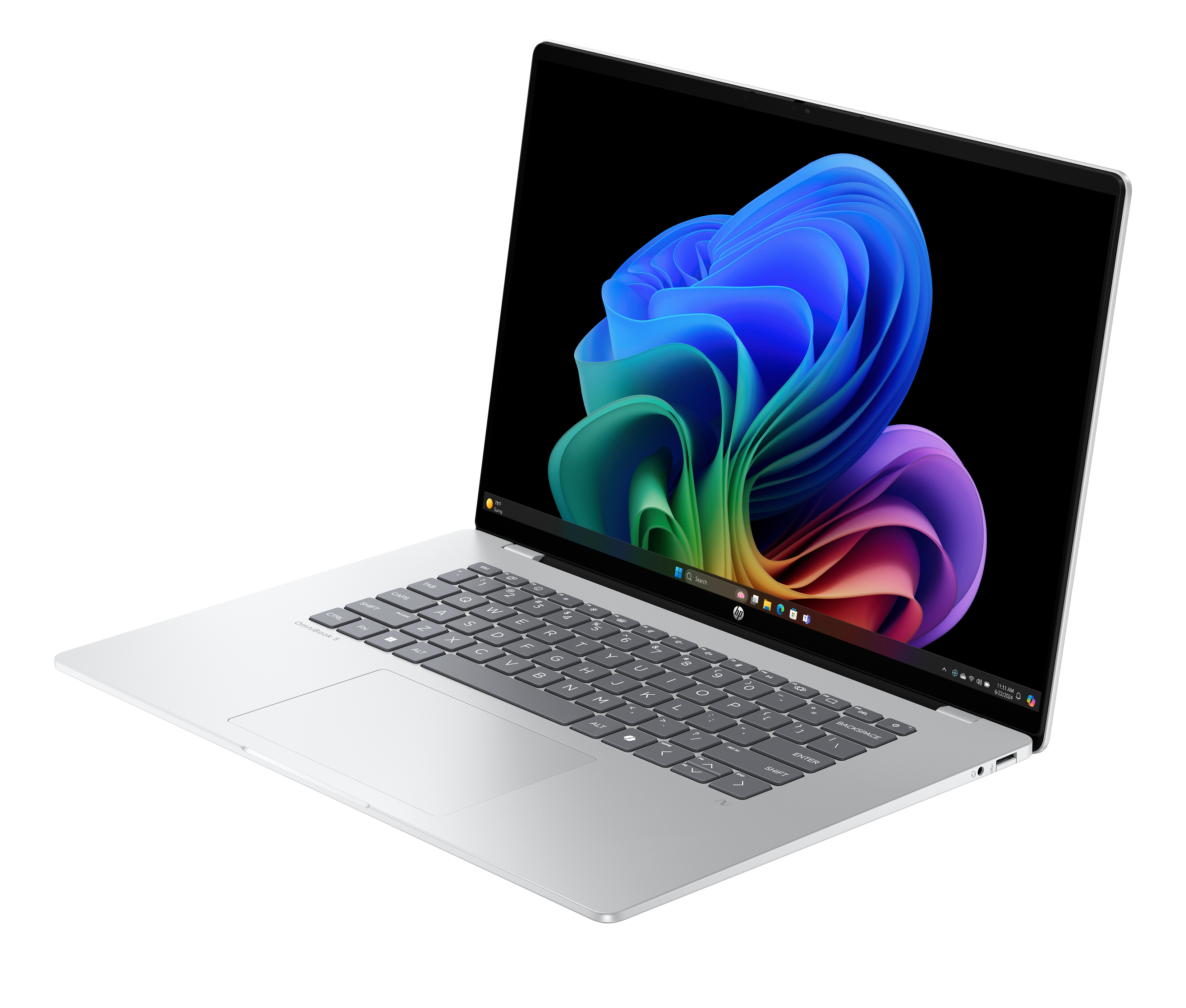 A silver laptop with a colorful wallpaper displayed on its screen.