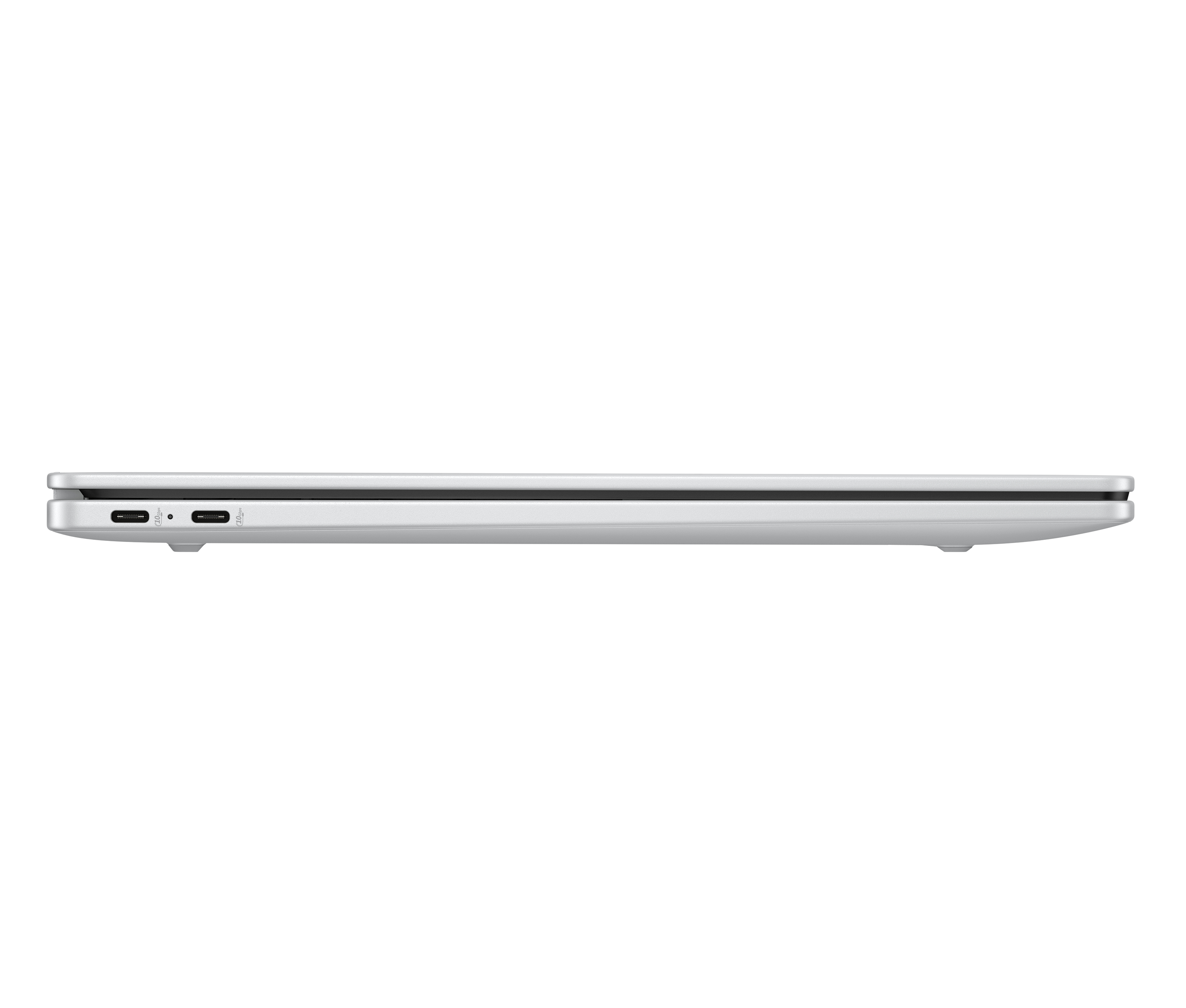 Ordinateur portable argenté de profil montrant deux ports USB-C.