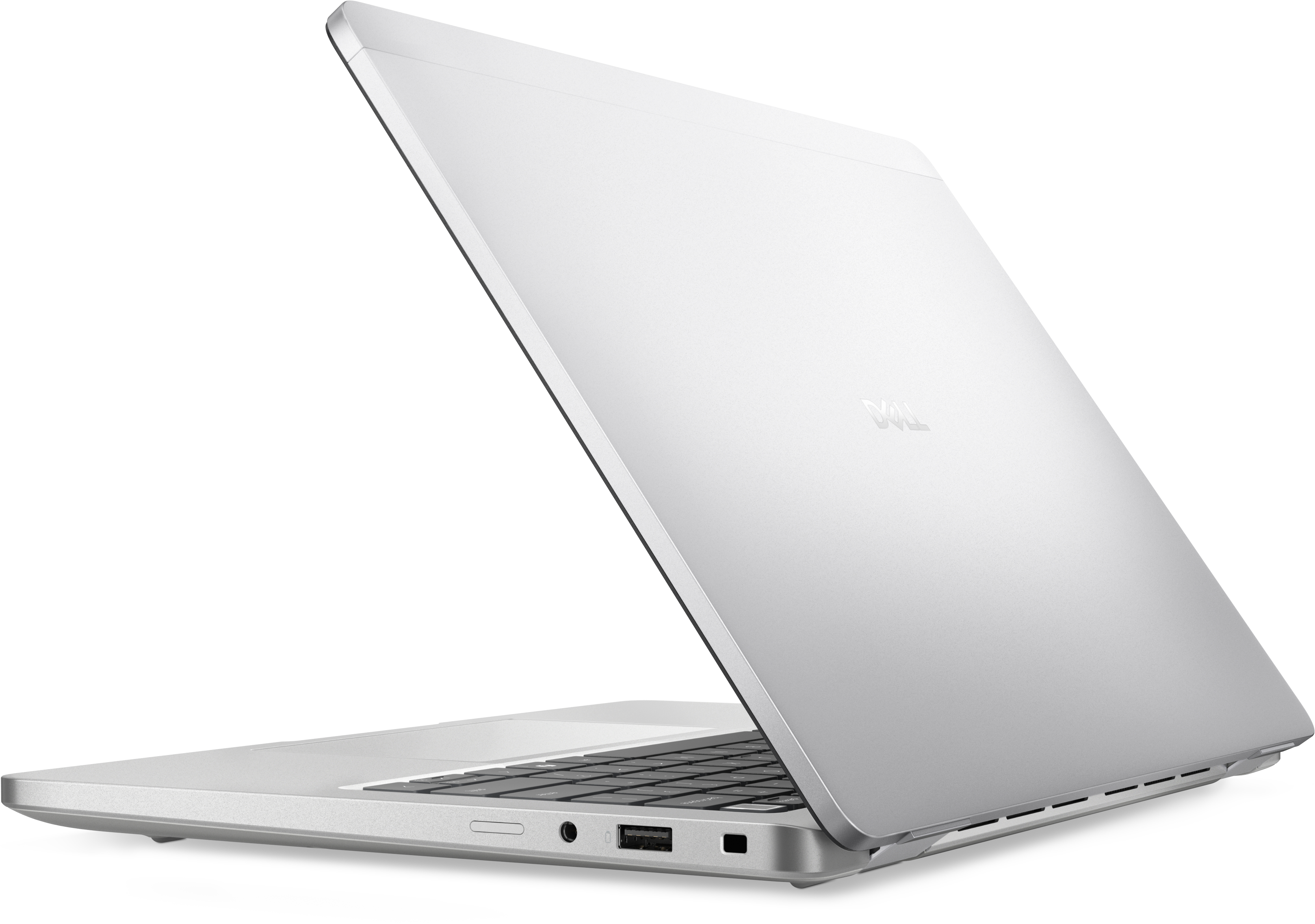 Srebrny laptop Dell z otwartym ekranem, ukazującym klawiaturę.