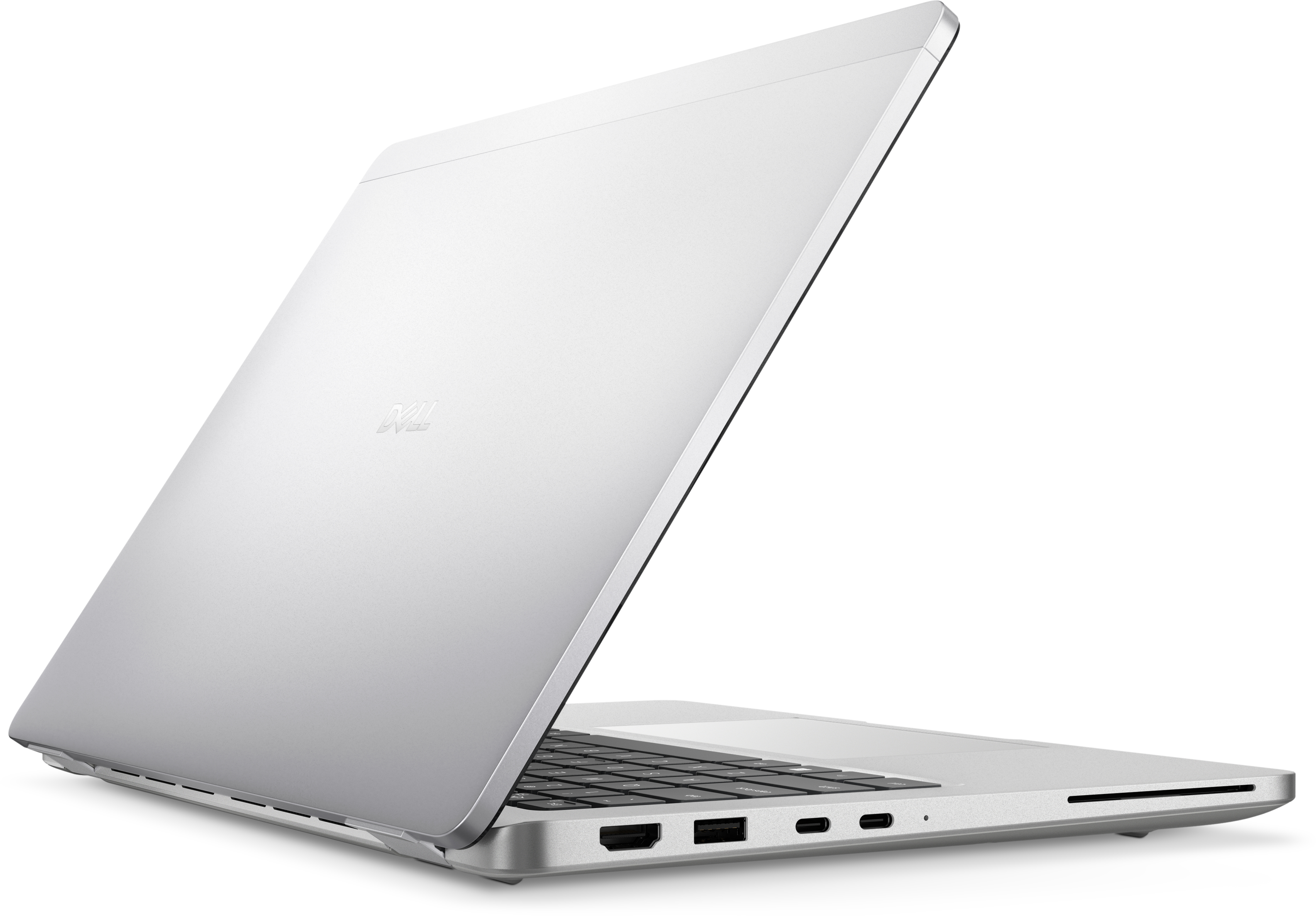 Srebrny laptop Dell jest otwarty na białym tle.