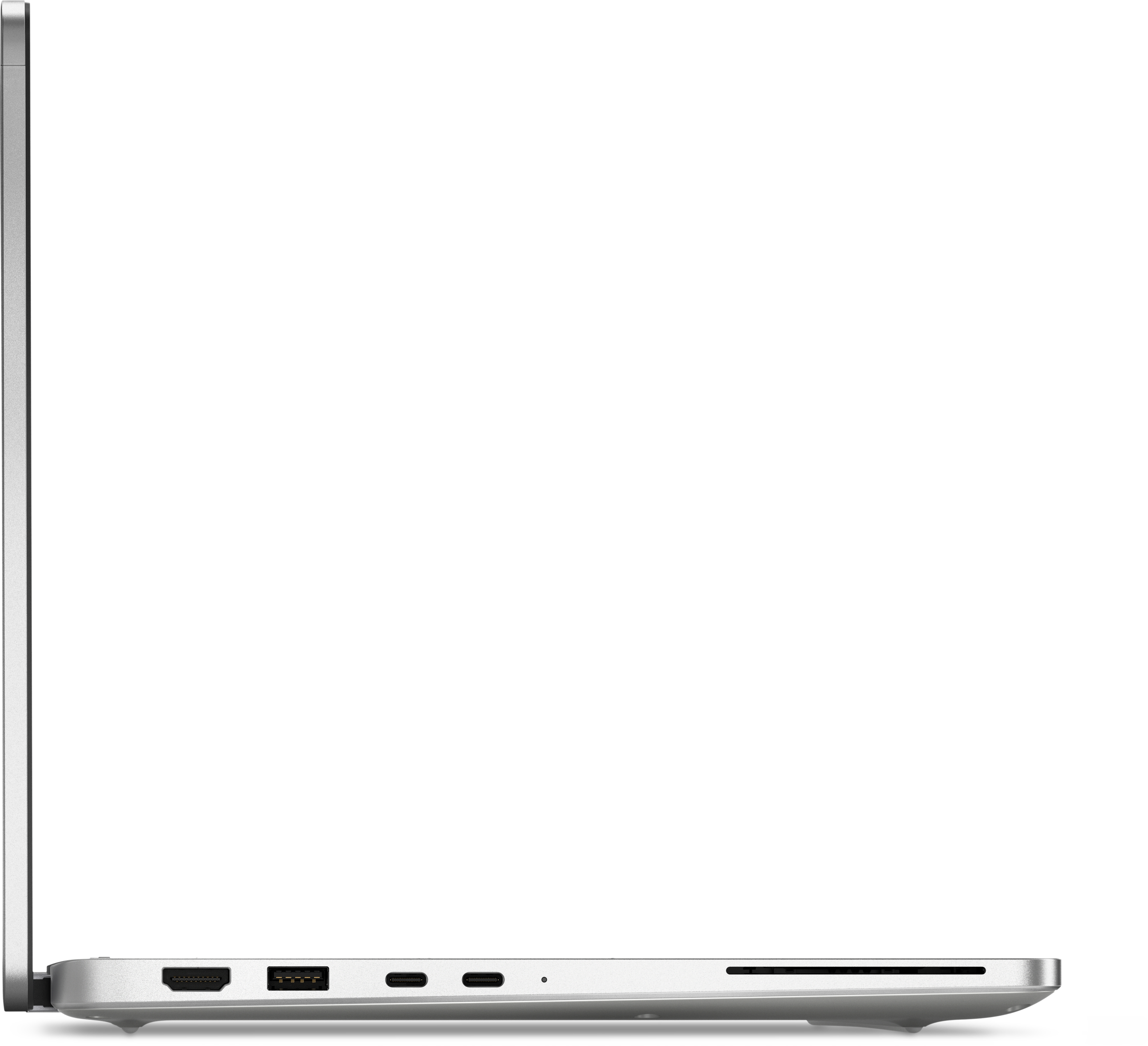 Widok z boku srebrnego laptopa pokazujący porty HDMI, USB i USB-C.