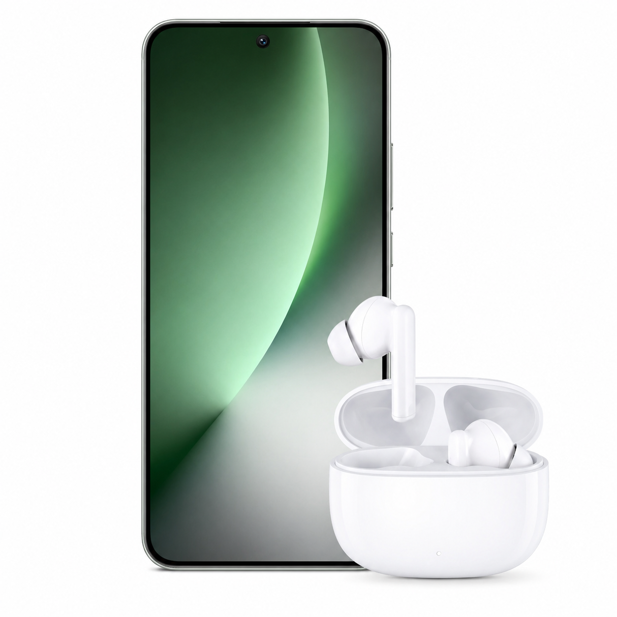 Uno smartphone bianco con auricolari e custodia di ricarica su sfondo bianco.
