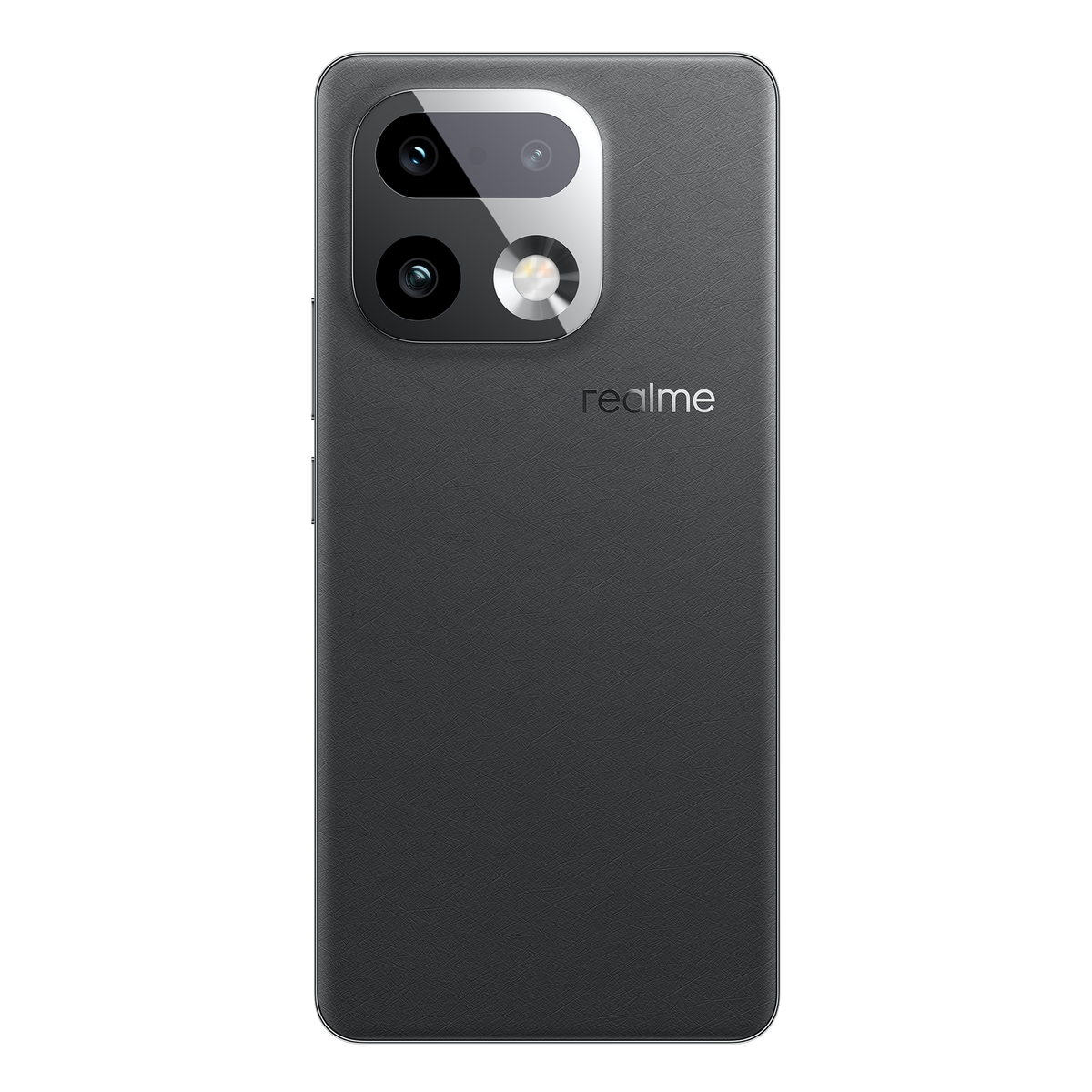 Rückseite eines grauen Smartphones mit drei Kameras und Realme-Logo.