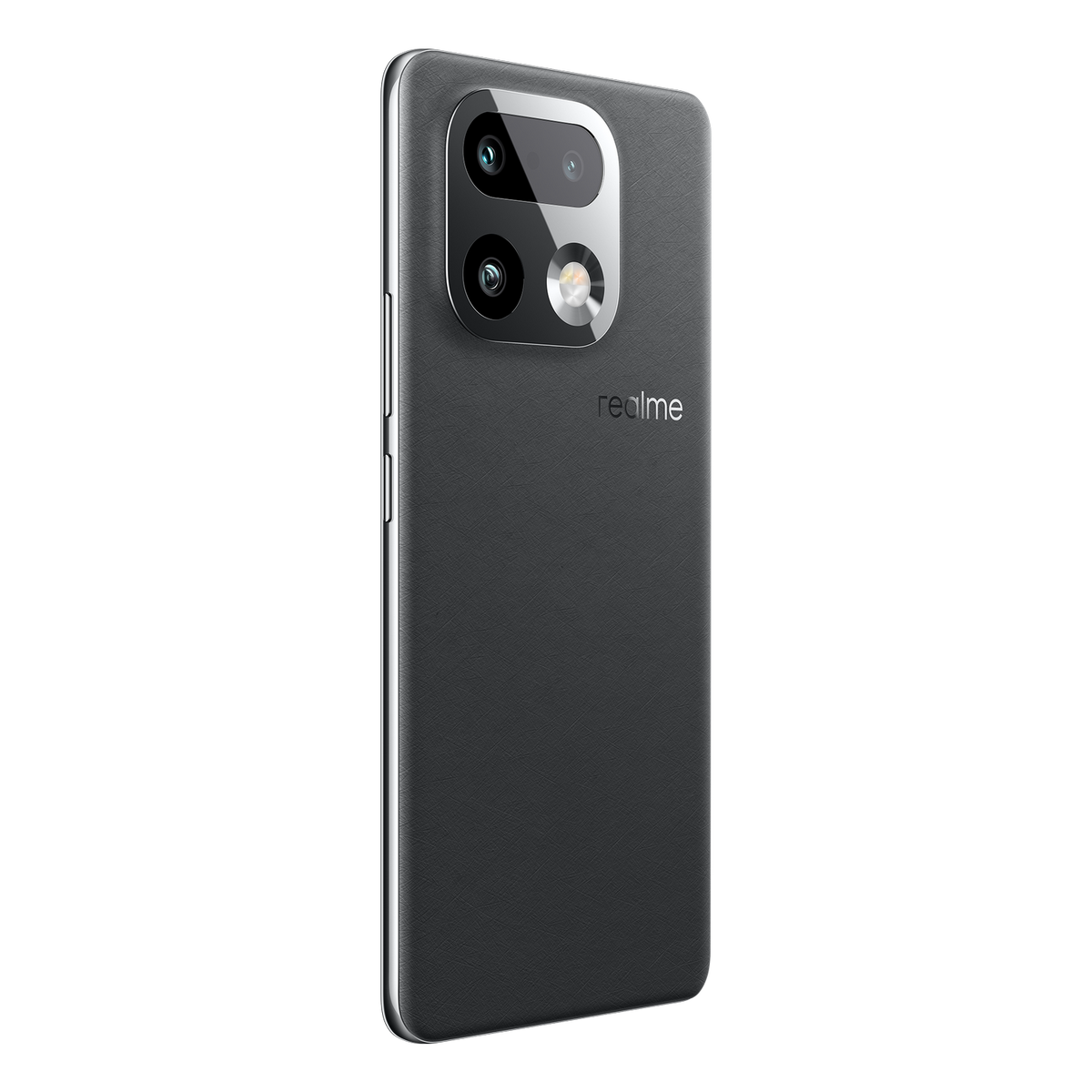 Dunkelgraues Smartphone mit dreifacher Kamera und Realme-Logo.