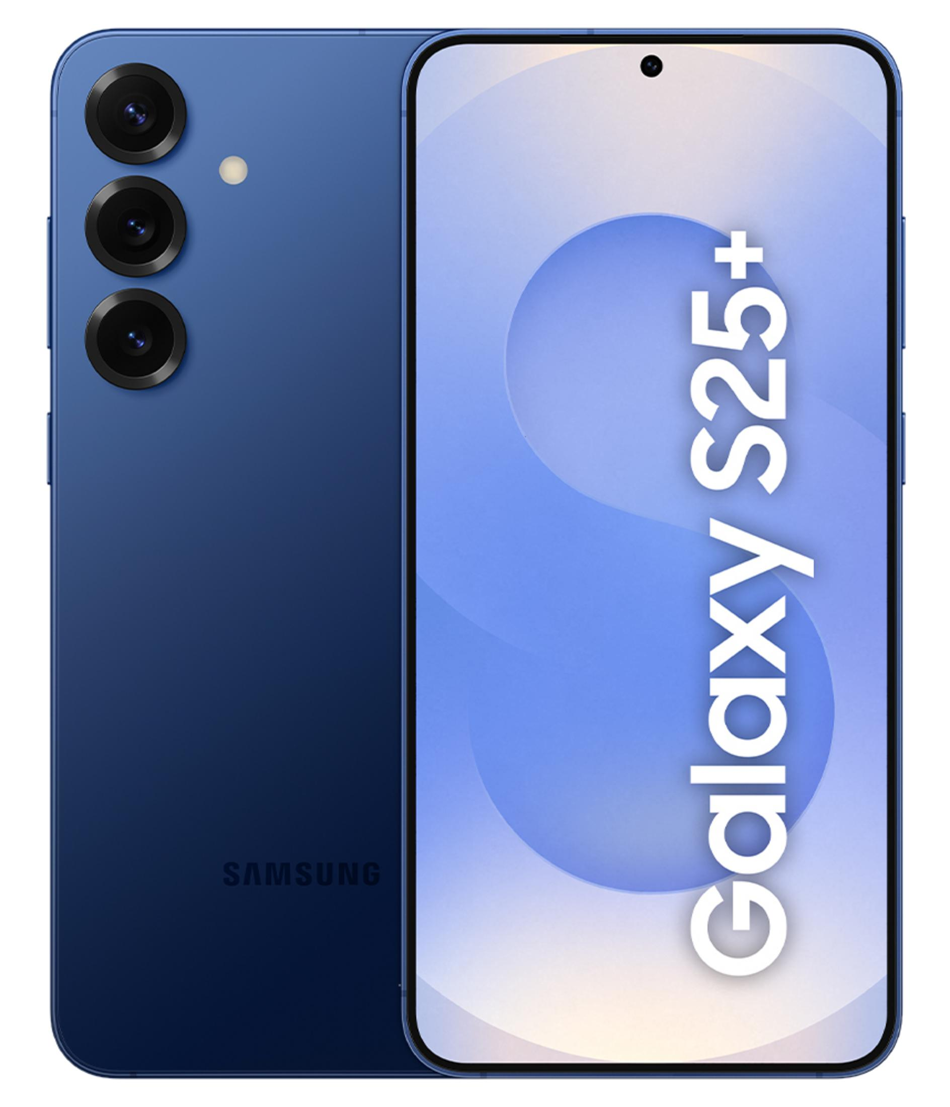 Niebieski smartfon Samsung Galaxy S25+ z trzema tylnymi aparatami.