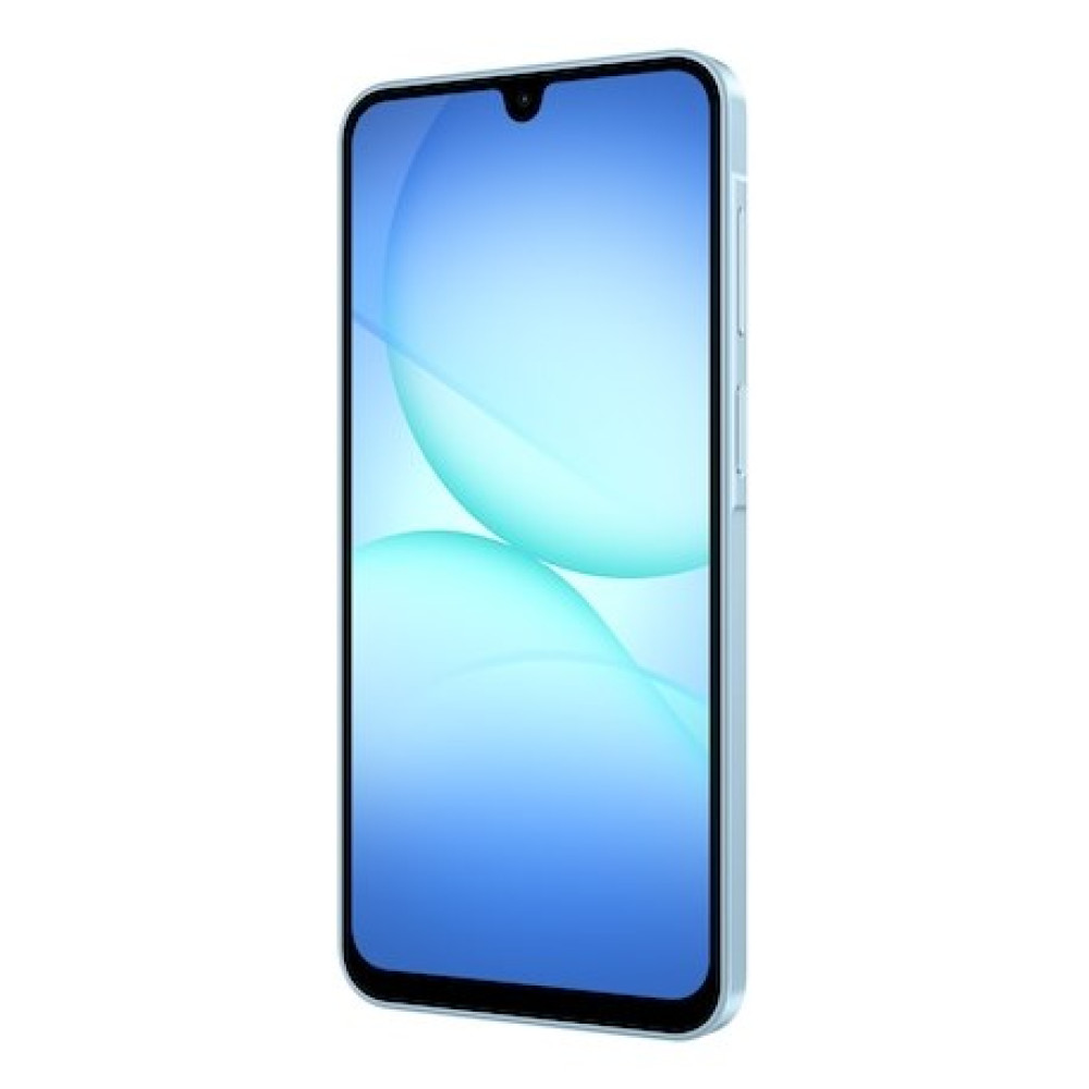 Jasnoniebieski smartfon z wycięciem w kształcie litery V i niebieskim tłem.