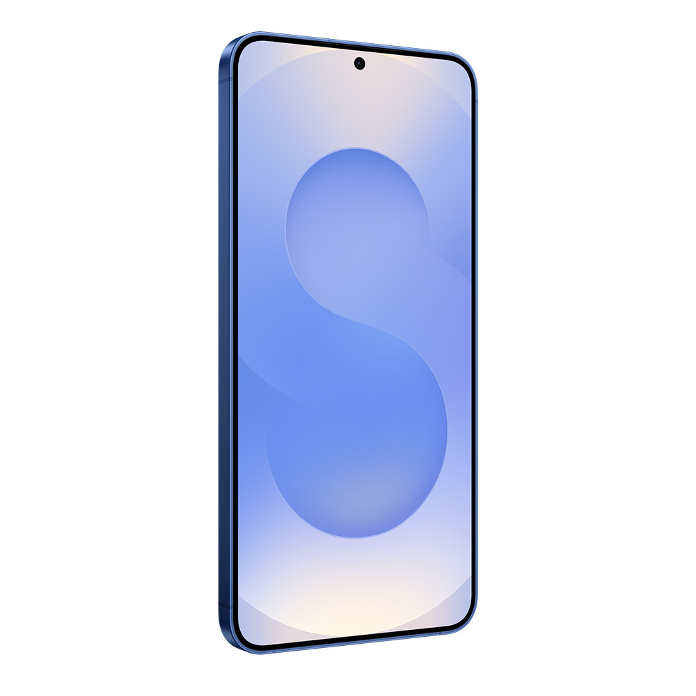 Uno smartphone blu mostra un design astratto blu sul suo schermo su sfondo bianco.
