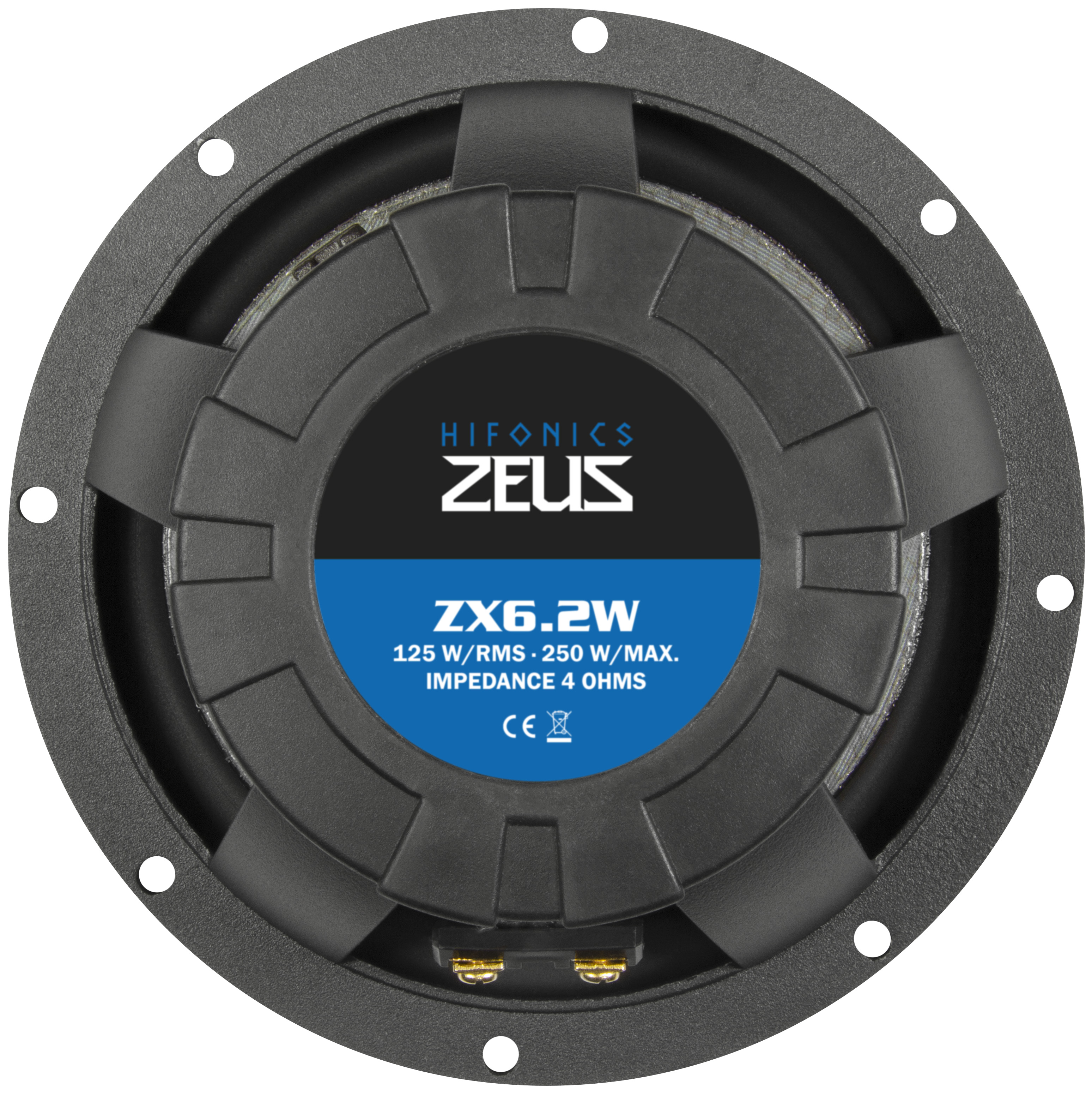 Schwarzer Hifonics Zeus ZX6.2W Lautsprecher mit blauer Beschriftung und silbernen Anschlüssen.