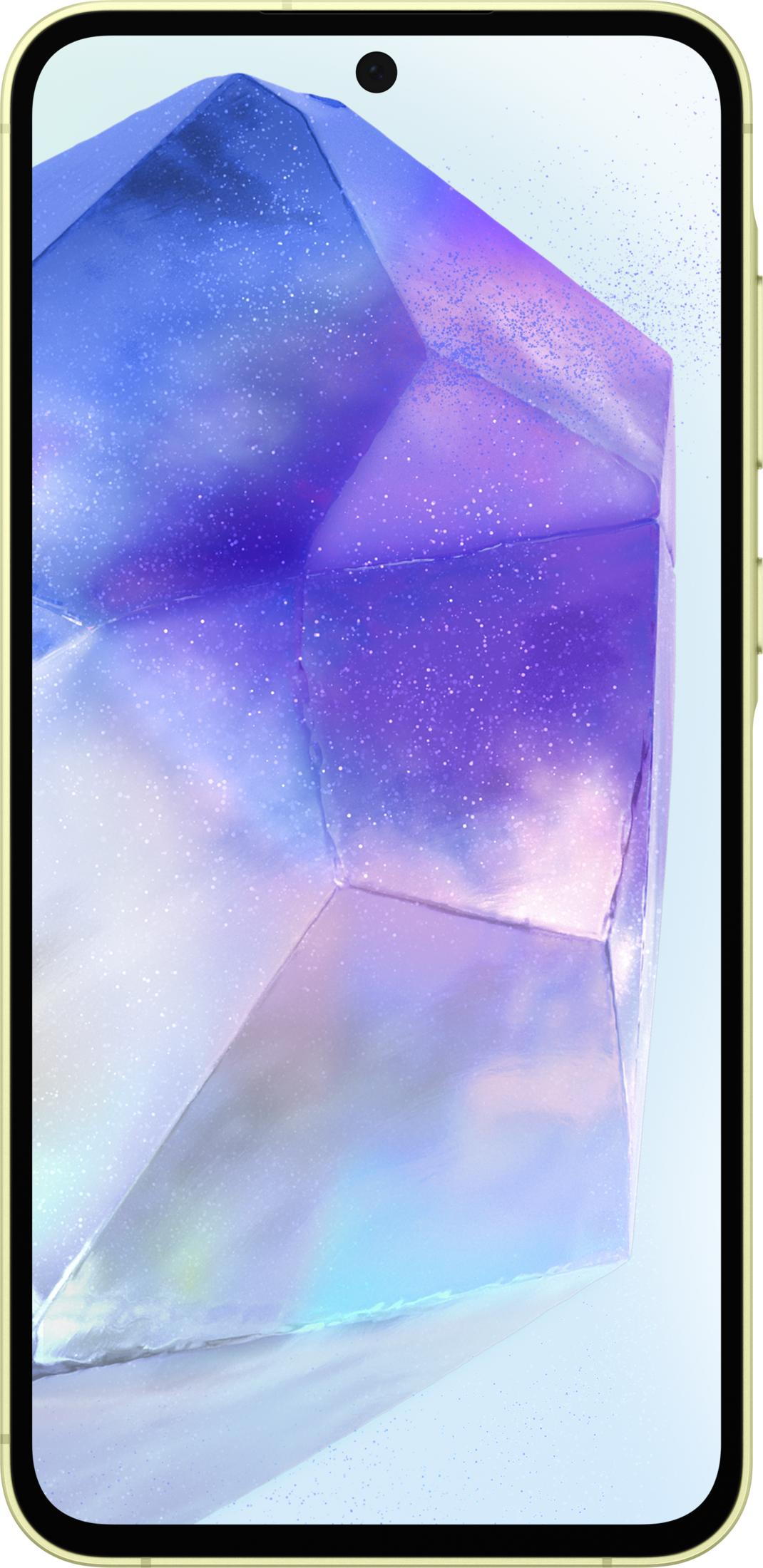 Smartfon wyświetlający fioletowy kryształ z brokatem na jasnym tle.