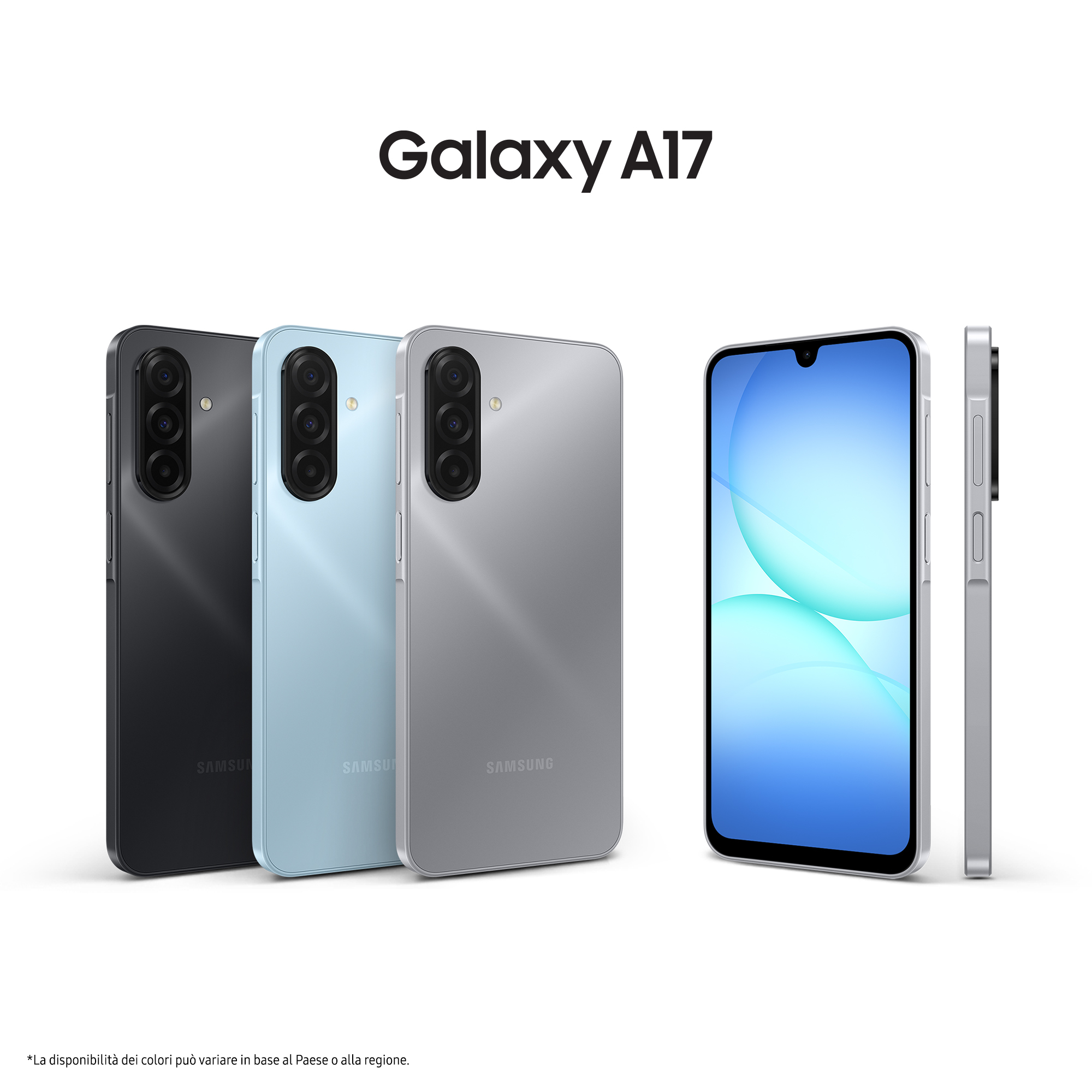 Tre smartphone Samsung Galaxy A17 in nero, blu e grigio.