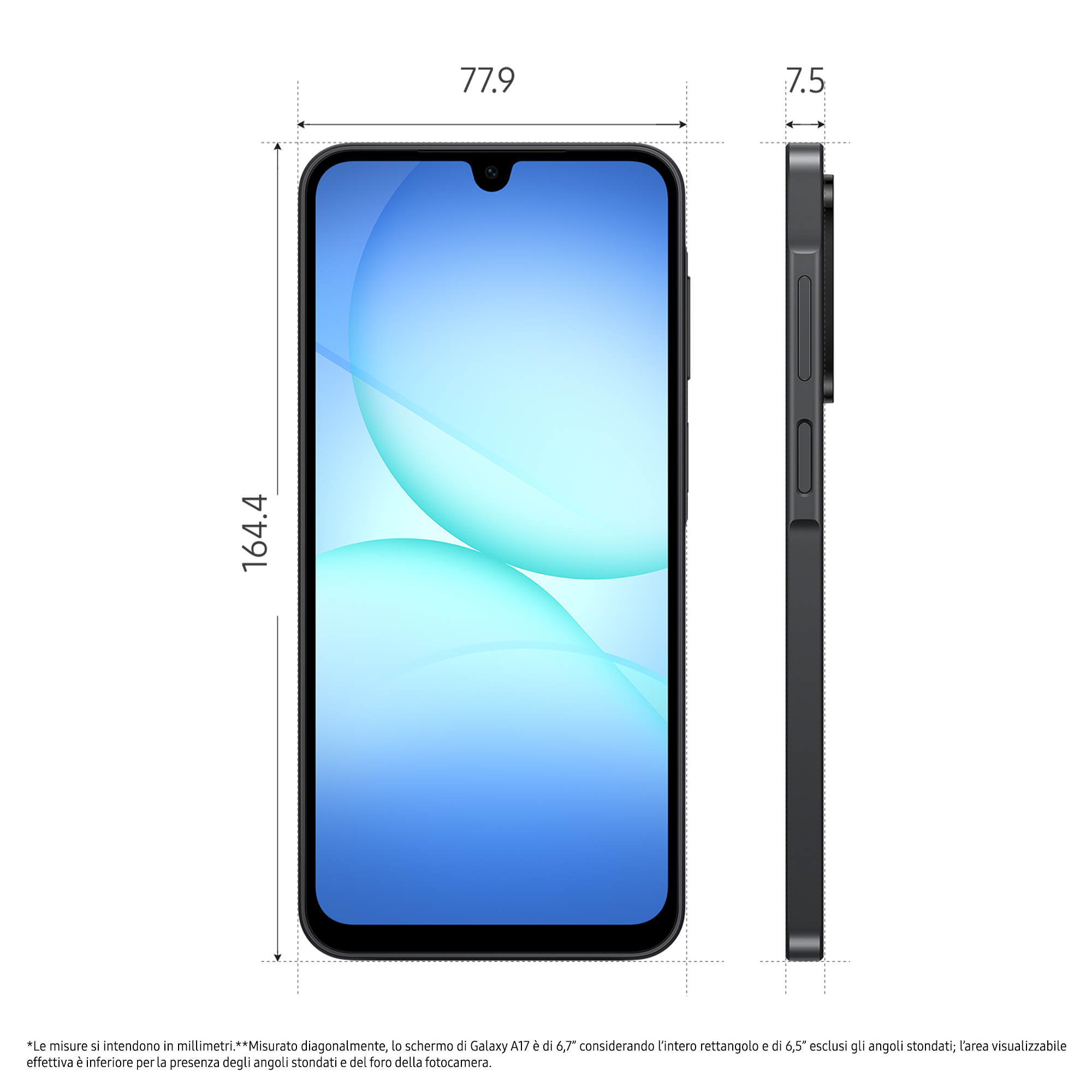 Uno smartphone scuro con dimensioni 164,4 mm x 77,9 mm x 7,5 mm.